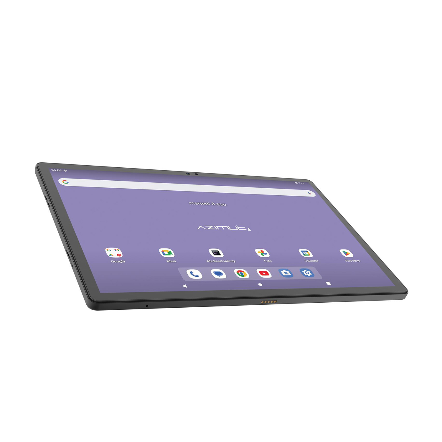 Tablet con schermo viola, che mostra le icone delle app. Il tablet è su sfondo bianco.