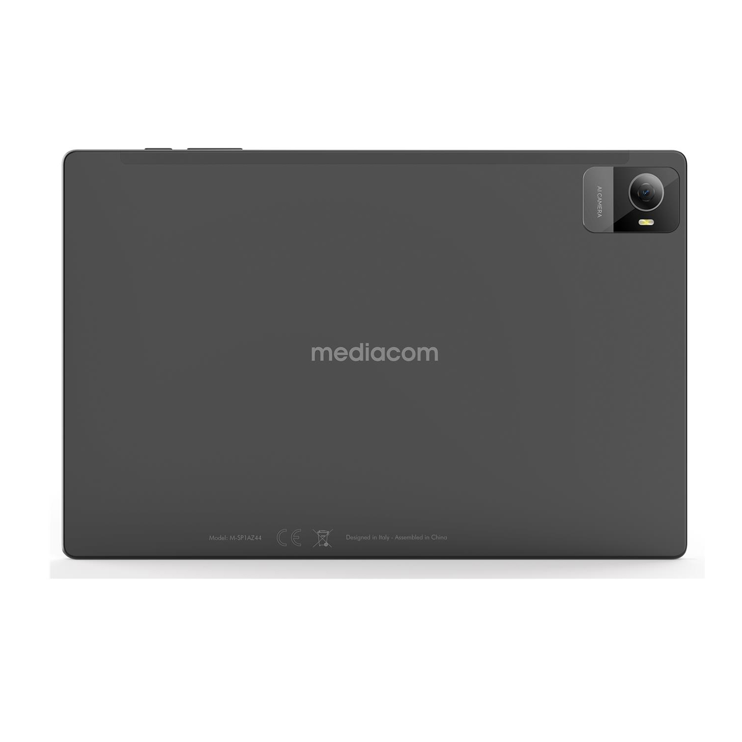 Tablet grigio, vista posteriore. Logo Mediacom, fotocamera e informazioni sul modello visibili.