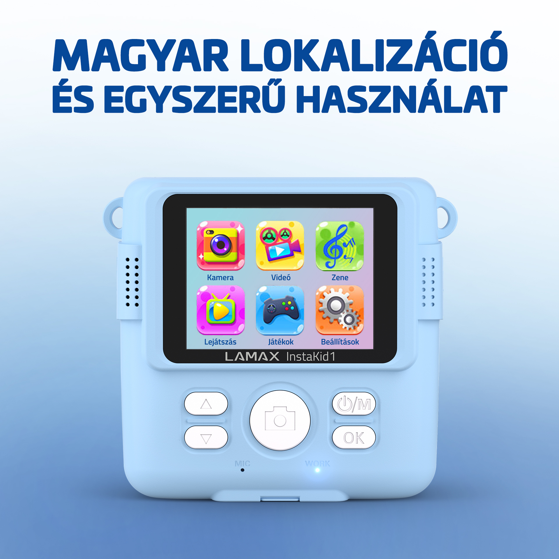 Világoskék játék kamera színes ikonokkal.