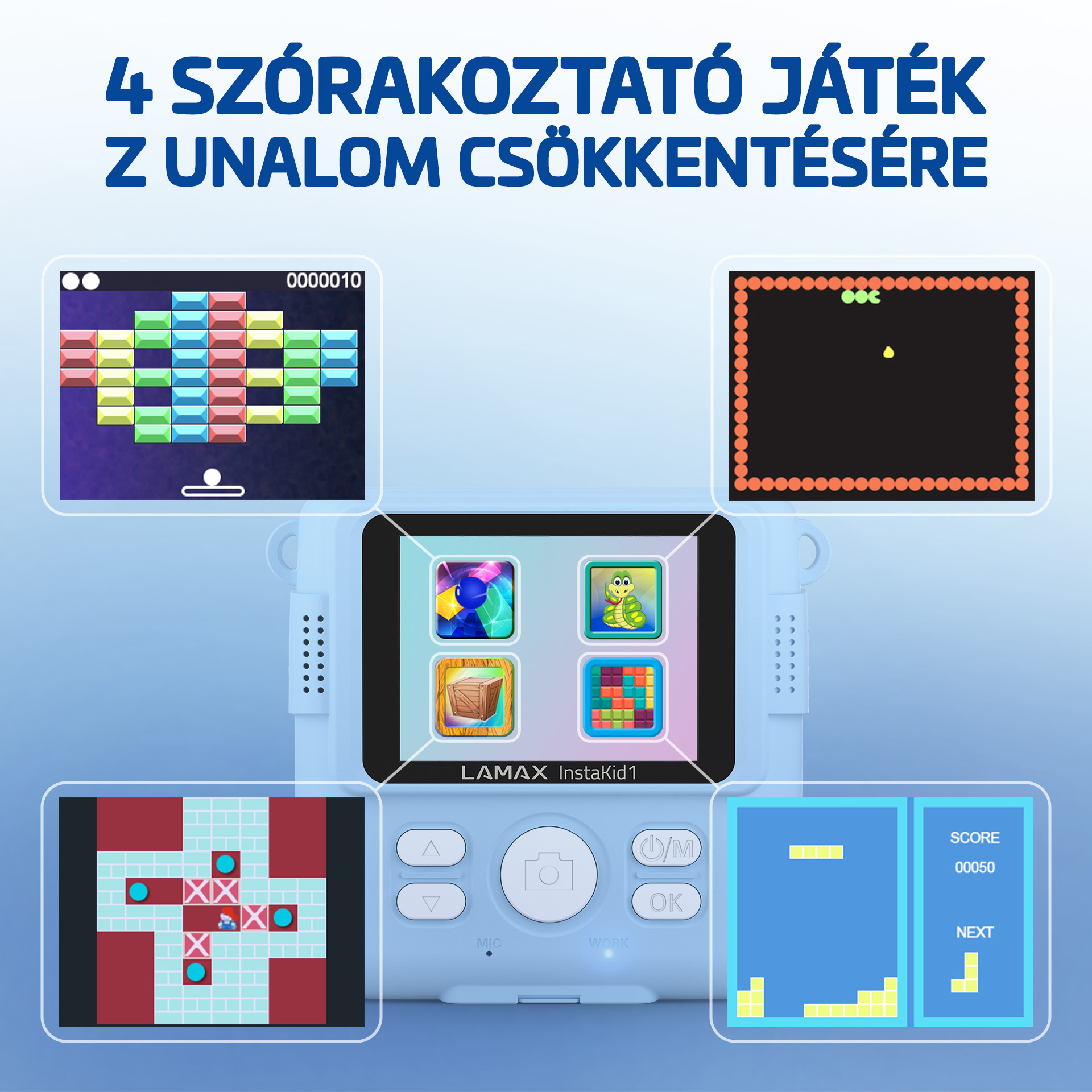 Egy kék Instakid1 kamera, a képernyőn négy játékfelülettel.