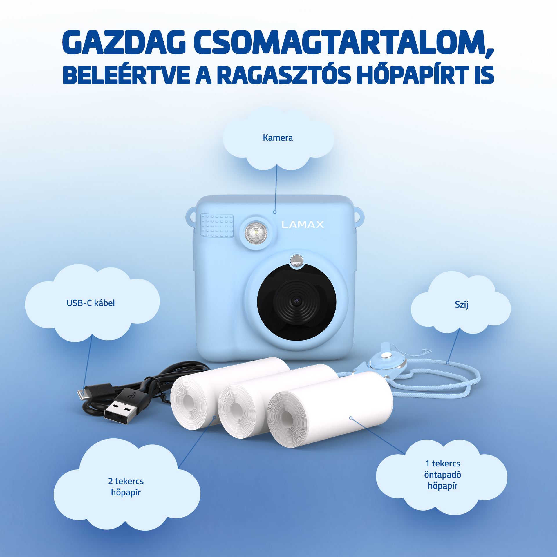 Egy kék, azonnal készülő kamera, USB kábel, két tekercs fotópapír és egy fényképezőgép szíj. Magyar feliratozással.