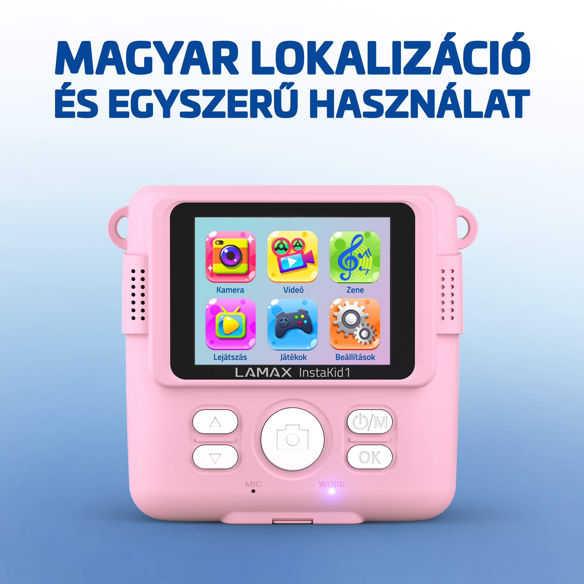 Rózsaszín Lamax InstaKid1 kamera ikonokkal kék háttéren.