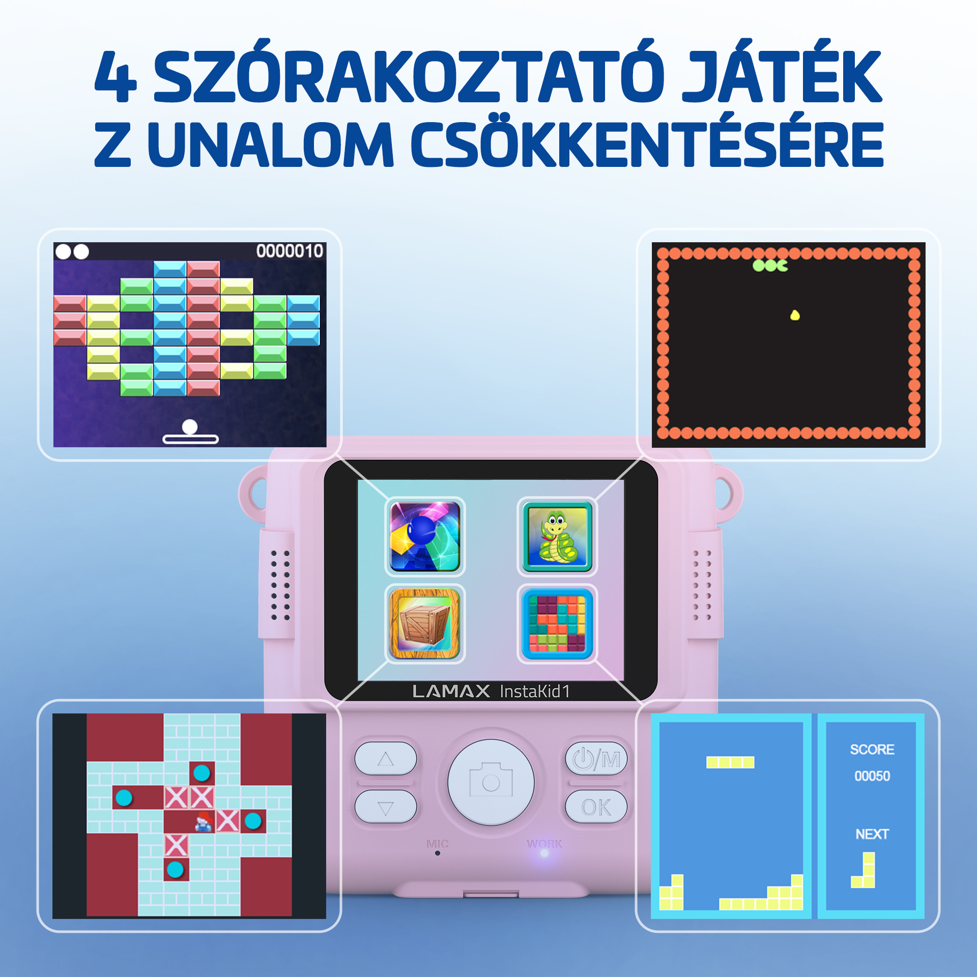 Egy rózsaszín gyerek kamera, játékokkal a képernyőn.