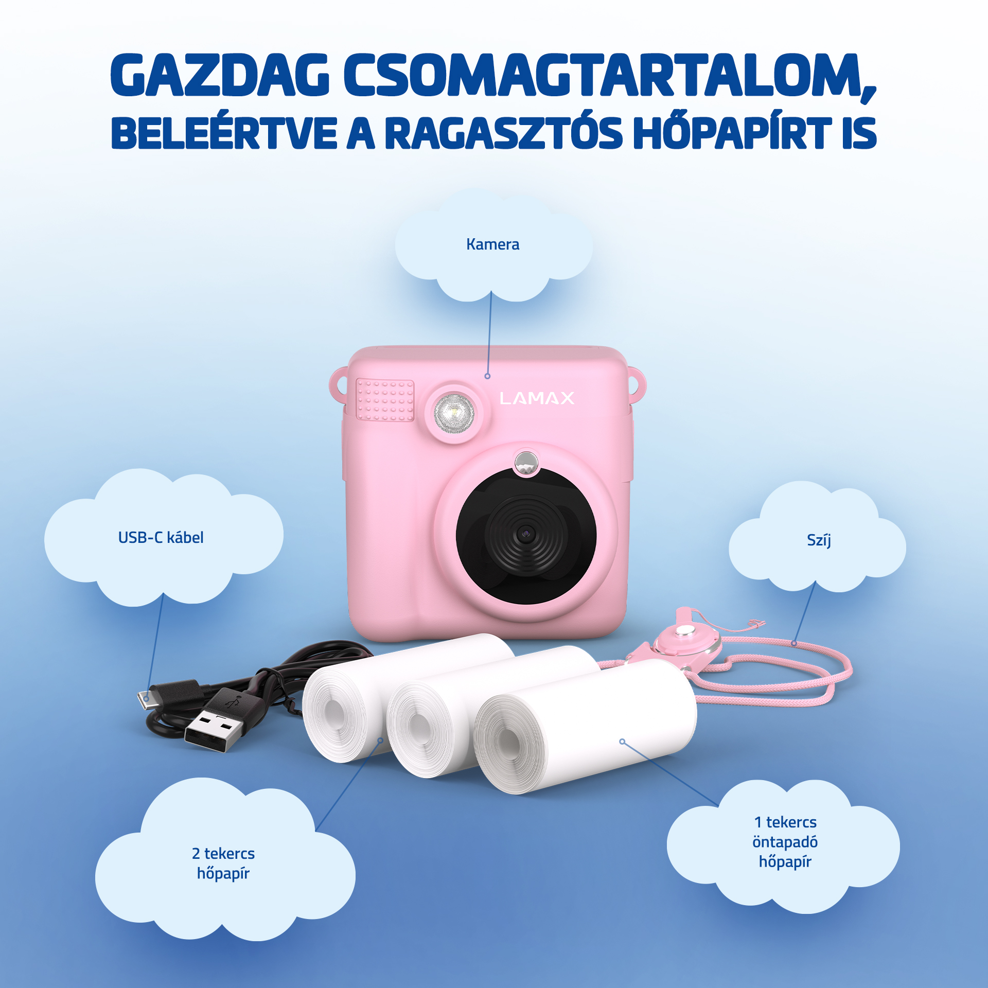 Rózsaszín instant kamera tartozékokkal, kábelekkel, filmtekercsekkel.