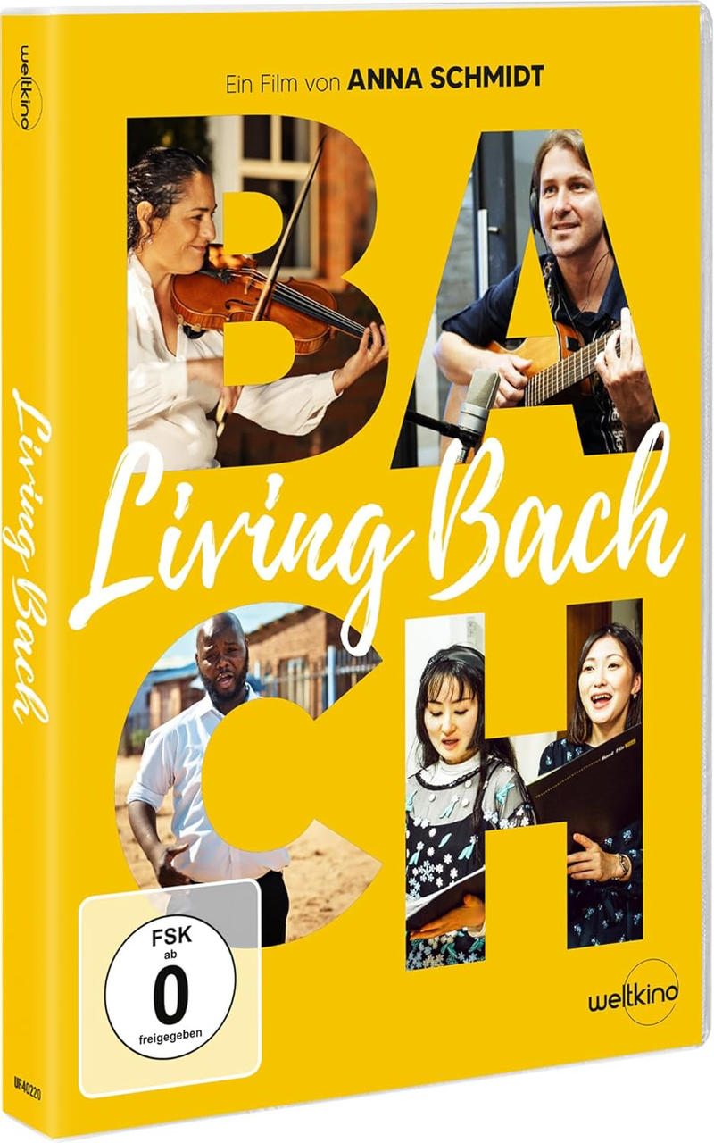 DVD-Cover, gelber Hintergrund, Personen mit Musikinstrumenten darauf. Text: Living Bach. Ein Film von Anna Schmidt.