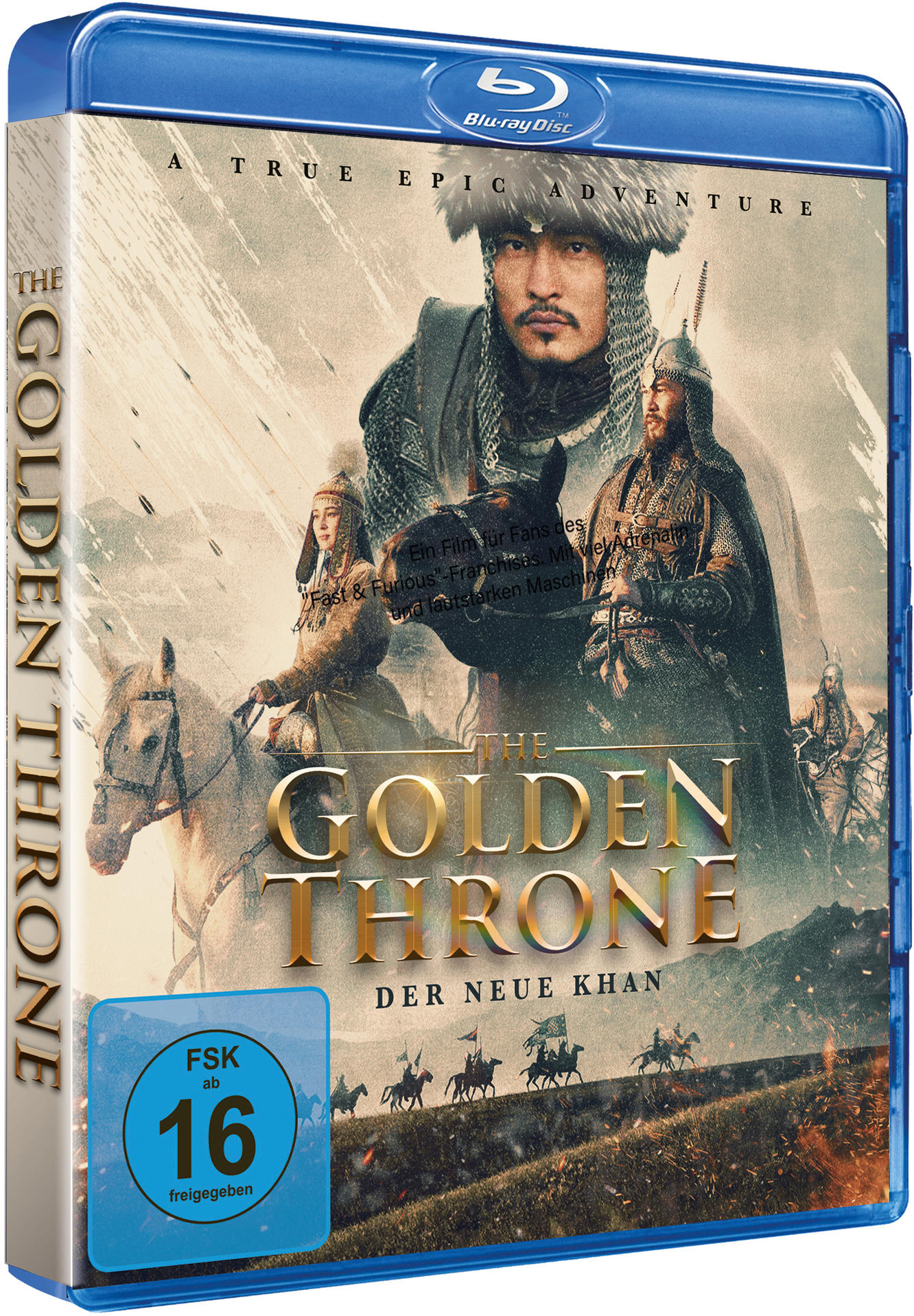 Blu-ray-Disc-Hülle für 'The Golden Throne'. Mit Kriegerbild und Text auf Englisch und Deutsch.
