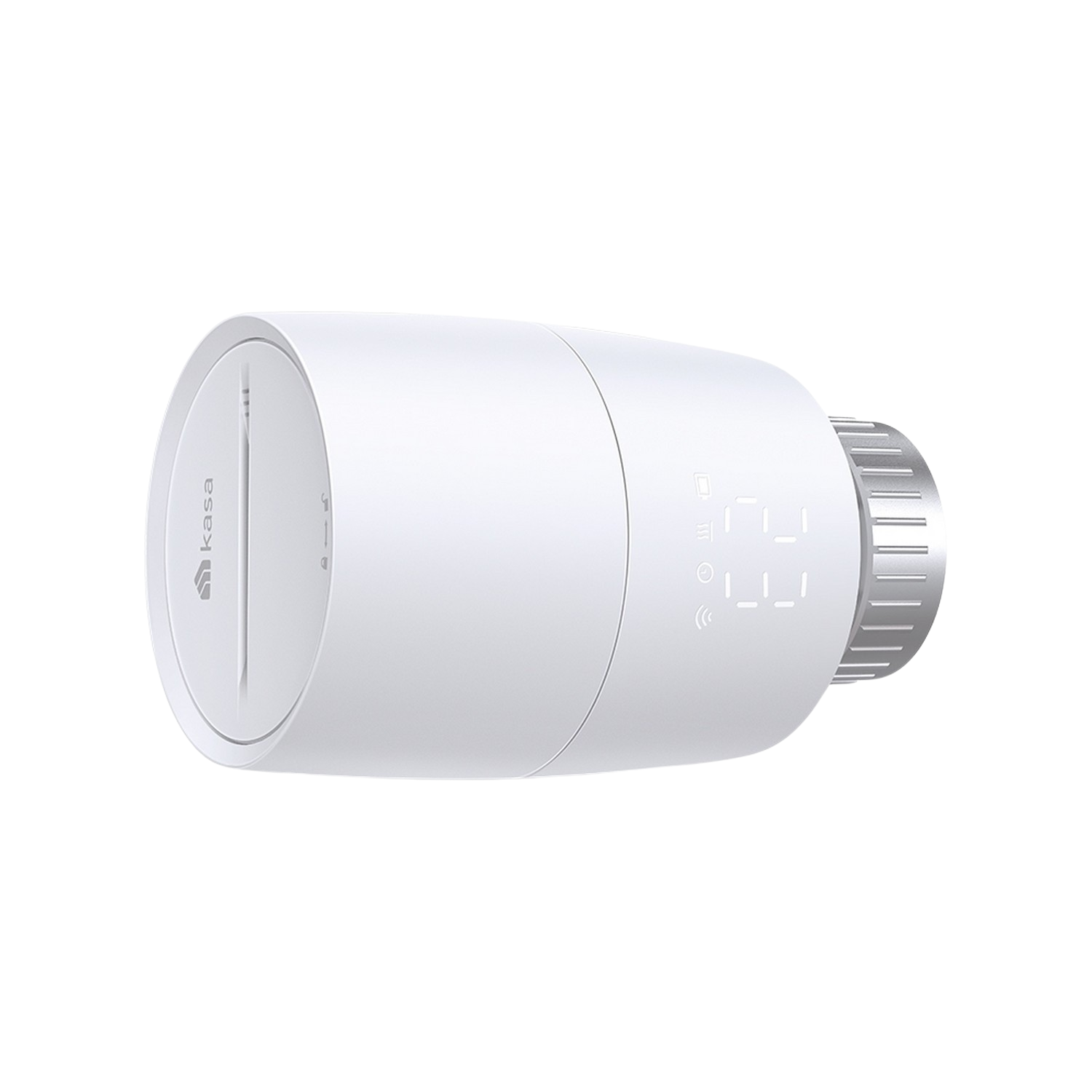 Witte slimme thermostaat met digitaal display en draaiknop. 'Kasa' logo zichtbaar.