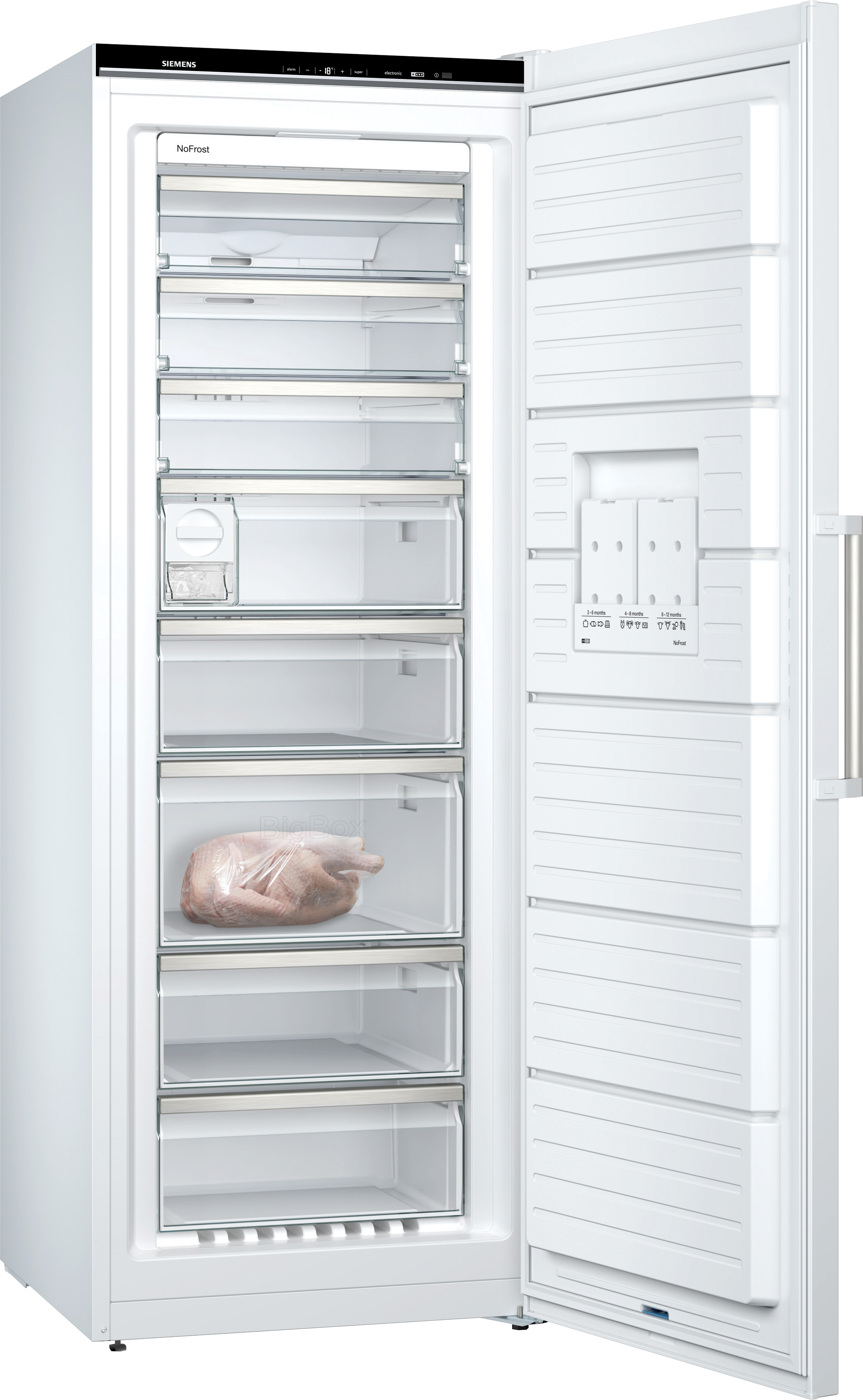 Weißer Kühlschrank mit offener Tür, Schubladen und gefrorenem Truthahn.