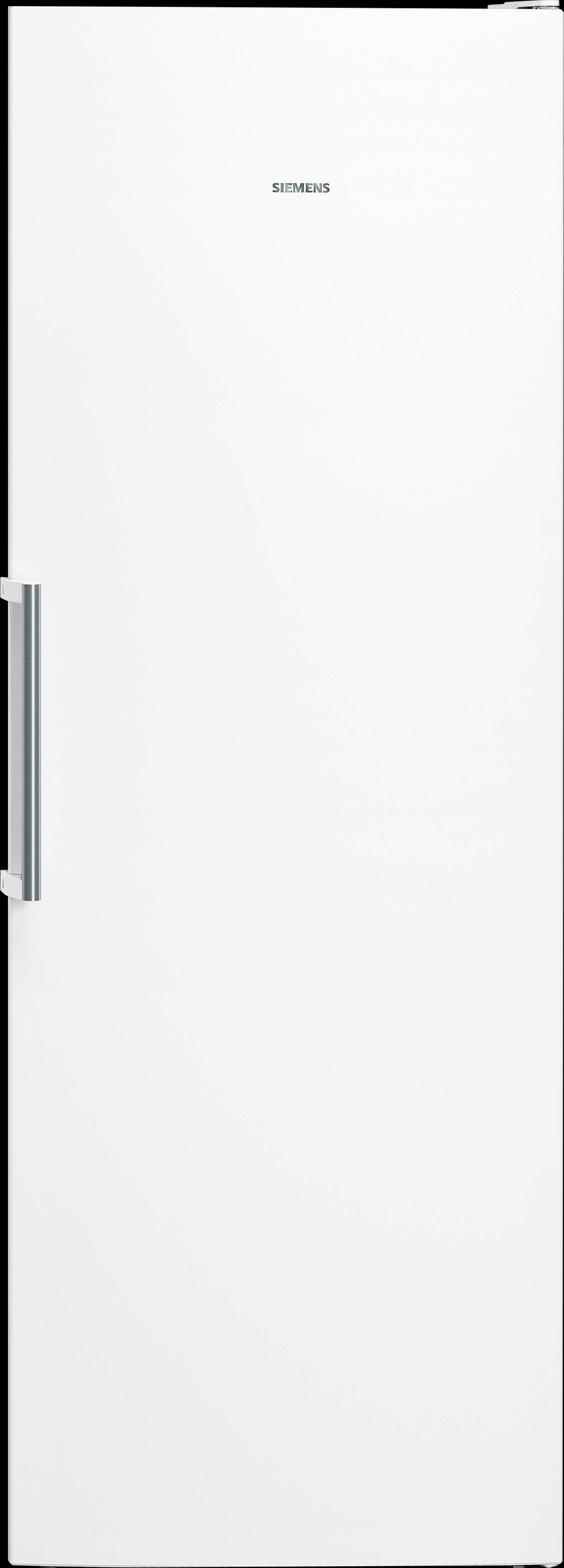 Weißer Siemens-Kühlschrank mit vertikalem Griff links an der Tür.