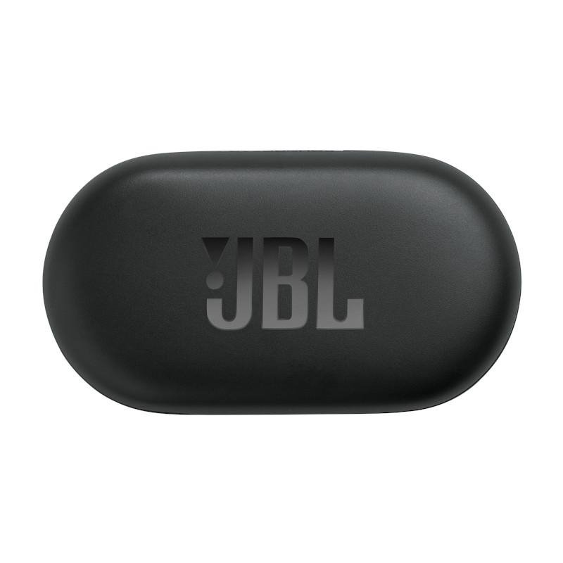 Schwarzes JBL-Kopfhörer-Ladeetui mit hellgrauem JBL-Logo.