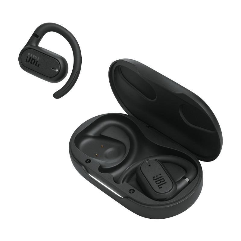 Schwarze JBL kabellose Ohrhörer und Ladecase auf weißem Hintergrund.