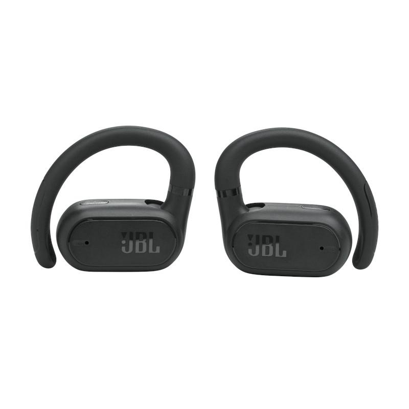 Paar schwarze JBL Kopfhörer, mit Ohrhaken, isoliert auf weiß.