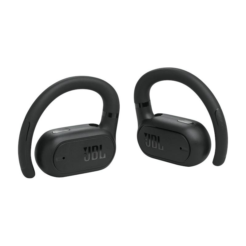 Zwei schwarze JBL kabellose Ohrhörer.