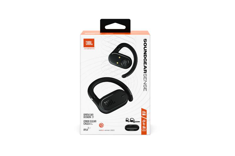 JBL Soundgear Sense Box, mit schwarzen Kopfhörern und Produktinformationen.
