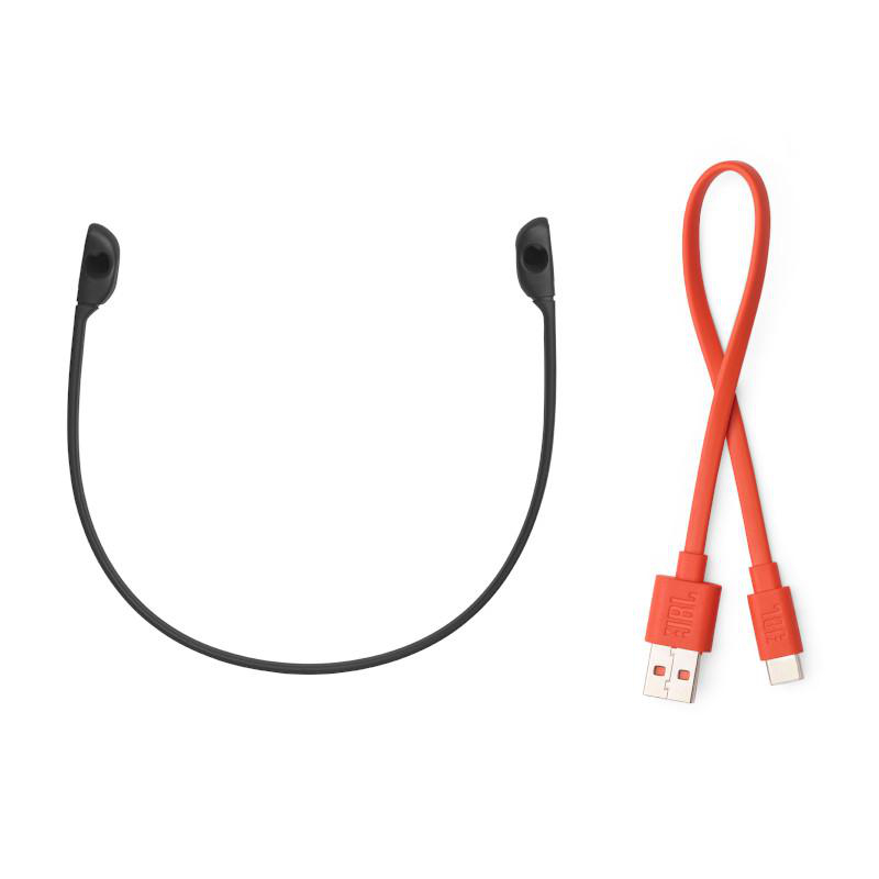 Schwarzes Nackenband und rote USB-Kabel mit JBL-Branding. Weißer Hintergrund.