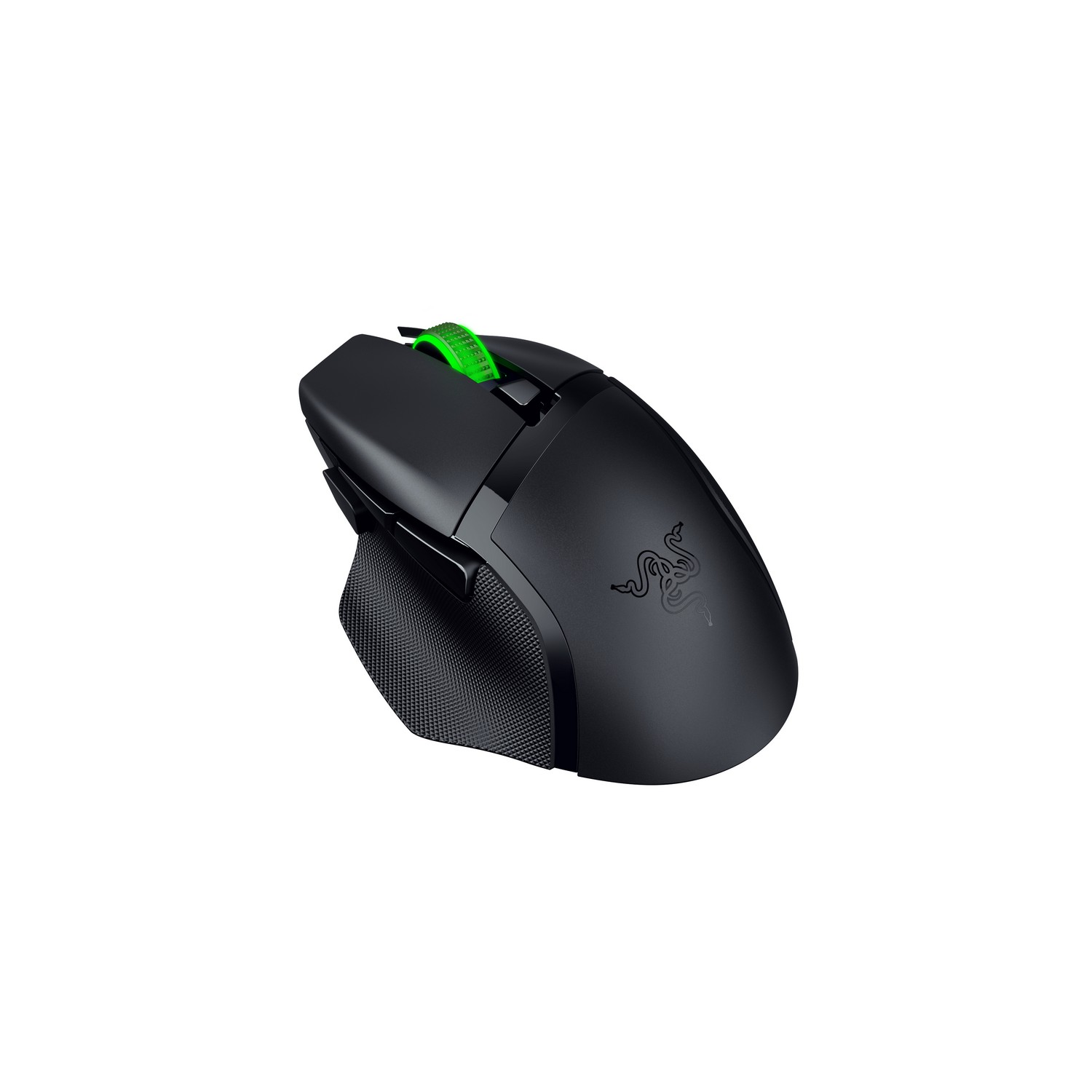 Black computer mouse with green scroll wheel on white.