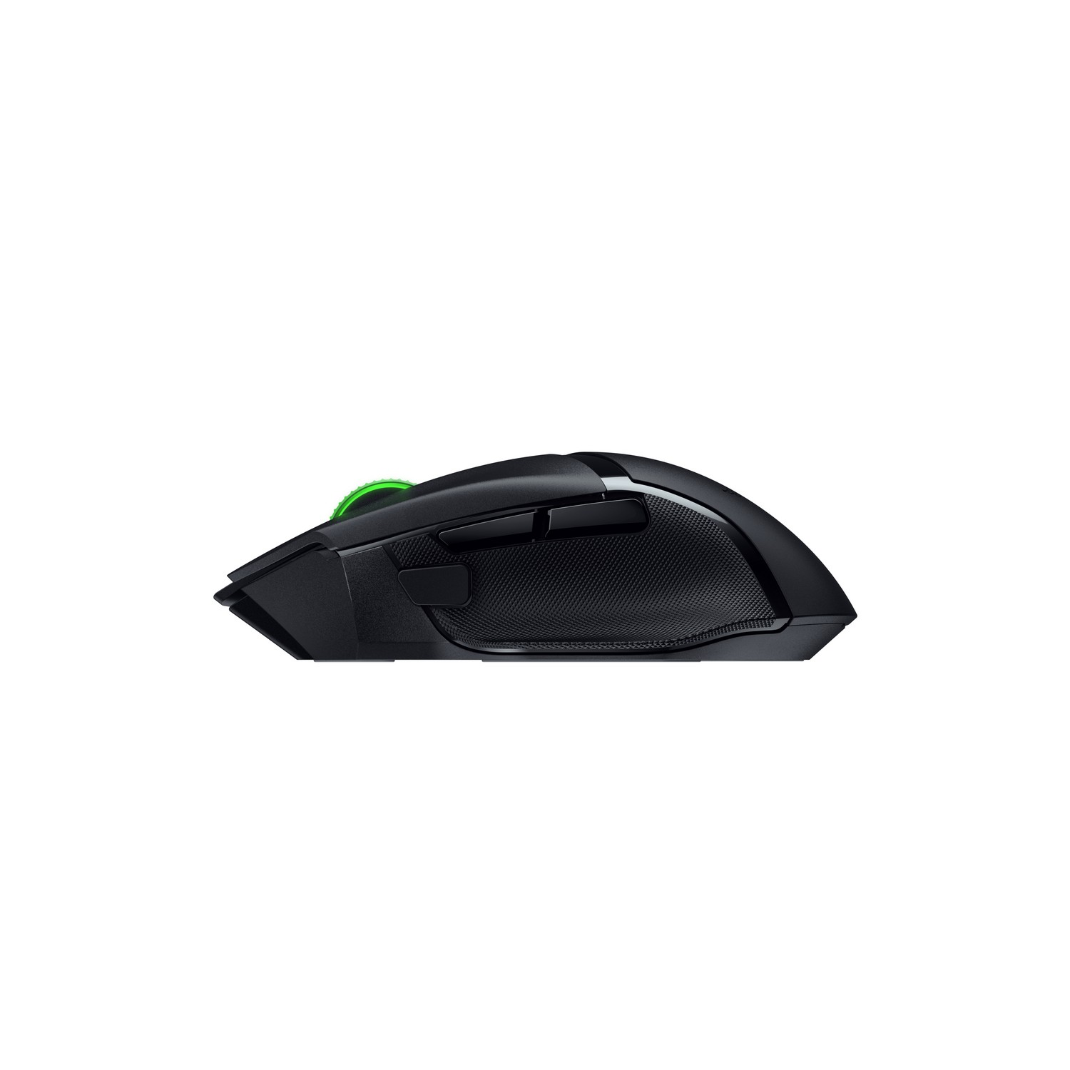 A black Razer gaming mouse with a green wheel.