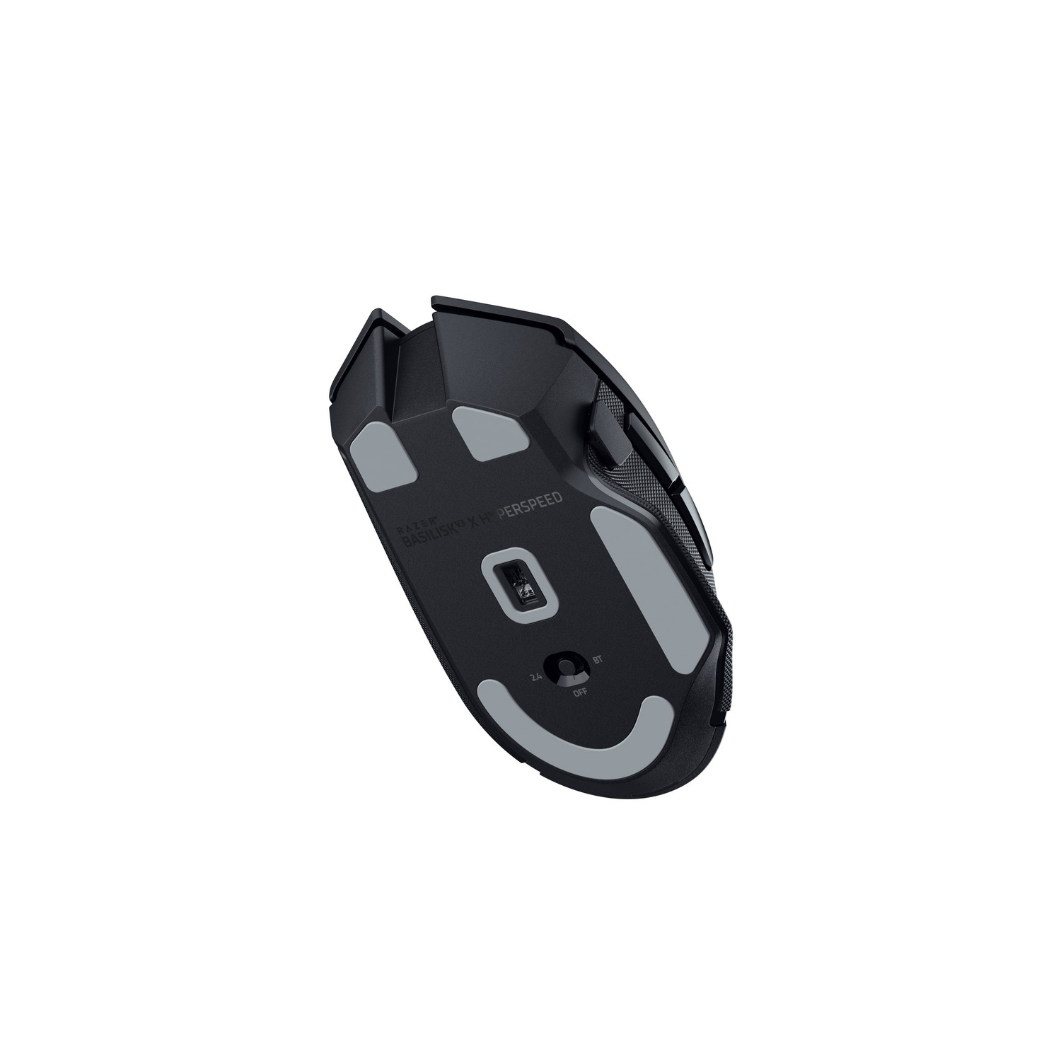 Black Razer gaming mouse bottom with gray pads on a white background.