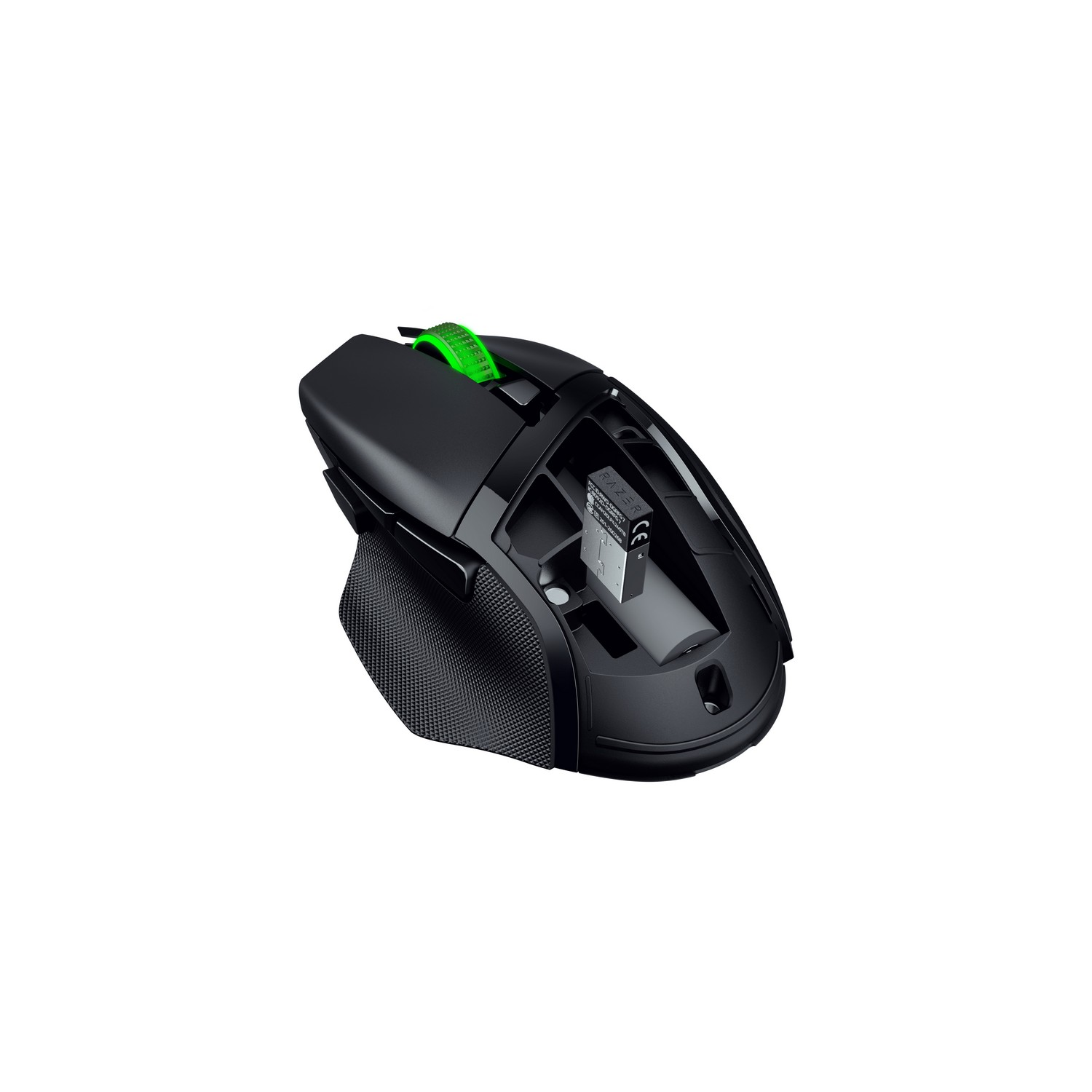 A black Razer gaming mouse with a green scroll wheel and a compartment open to show a battery.