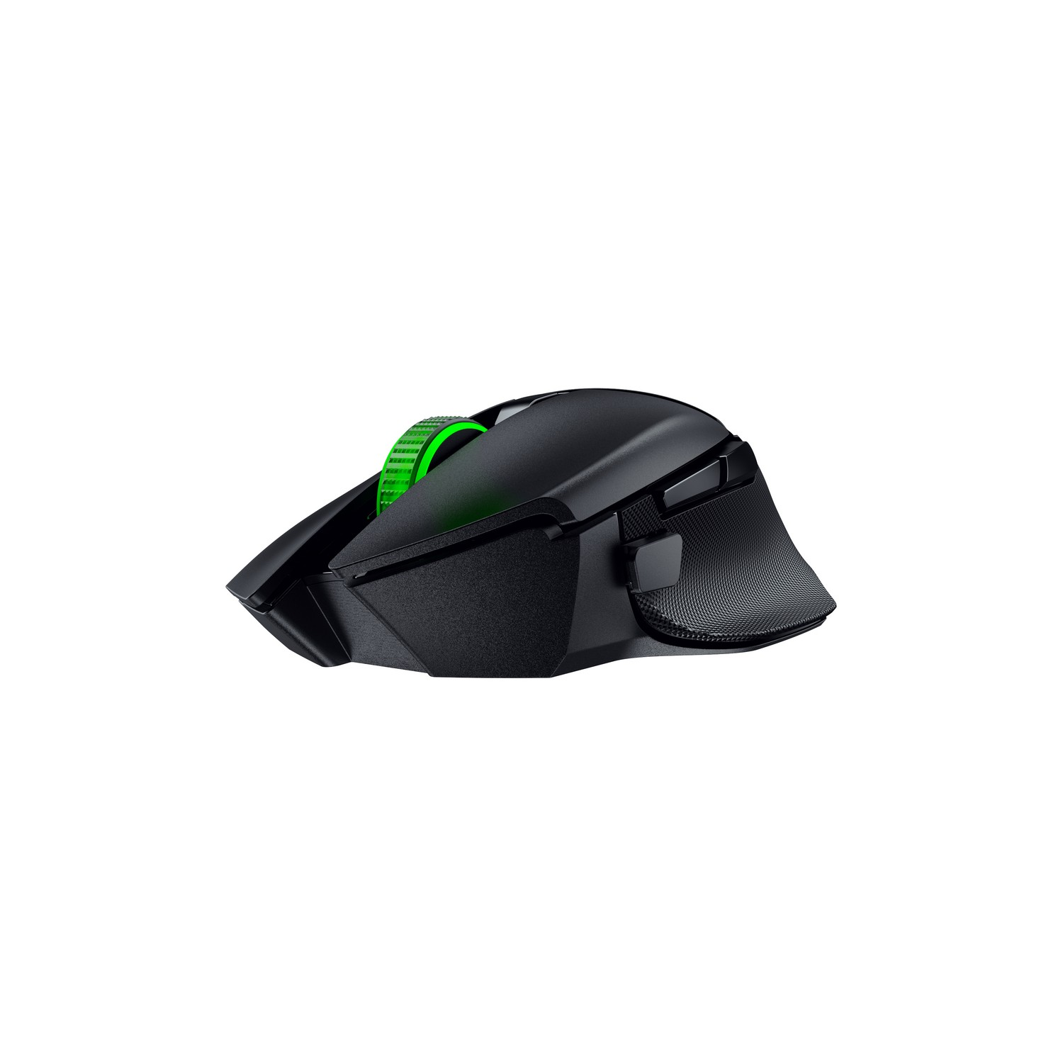 Black Razer mouse with a green scroll wheel. Side has a textured grip.