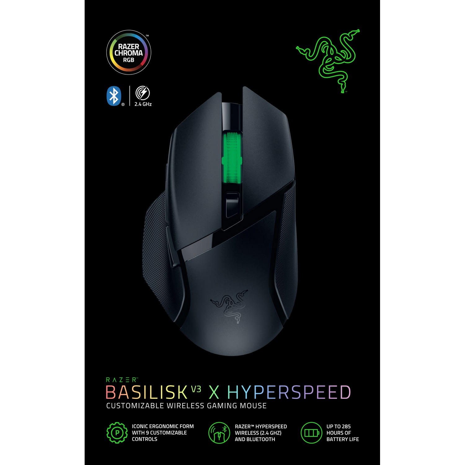Black Razer gaming mouse on black background. Green lighting and Razer logo.