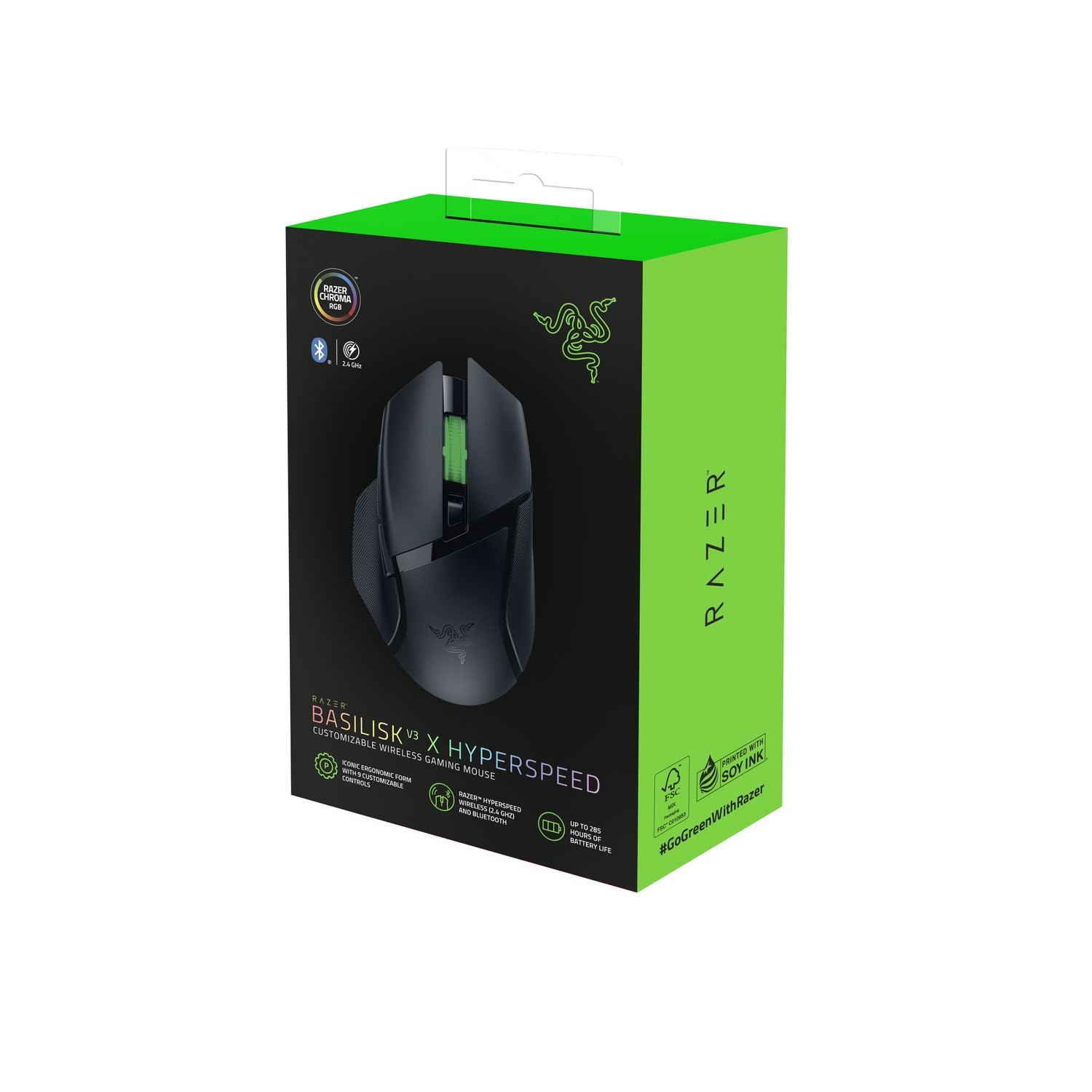 Razer gaming mouse box. Black mouse with green accents on a green and black box.