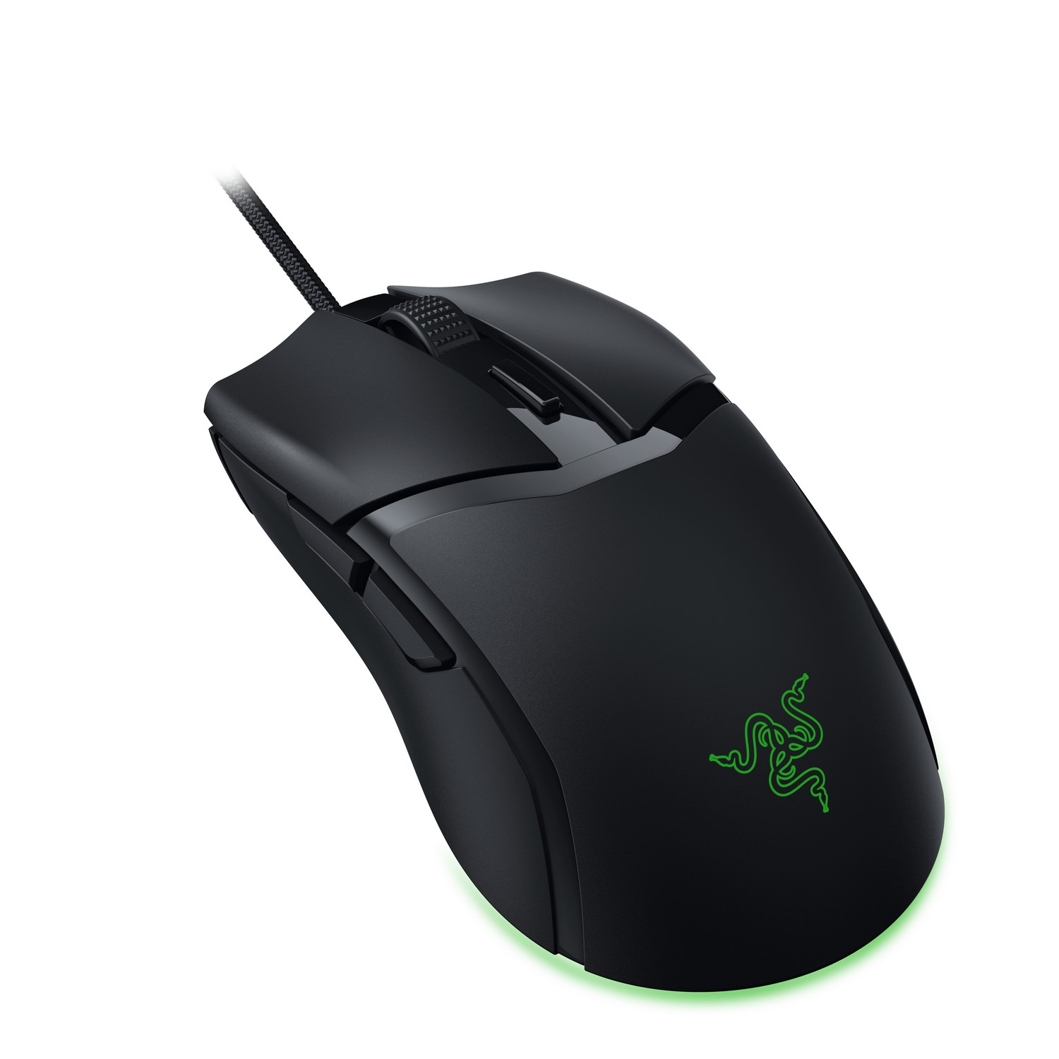 Zwarte Razer gamingmuis met groene accenten en een logo. De achtergrond is wit.