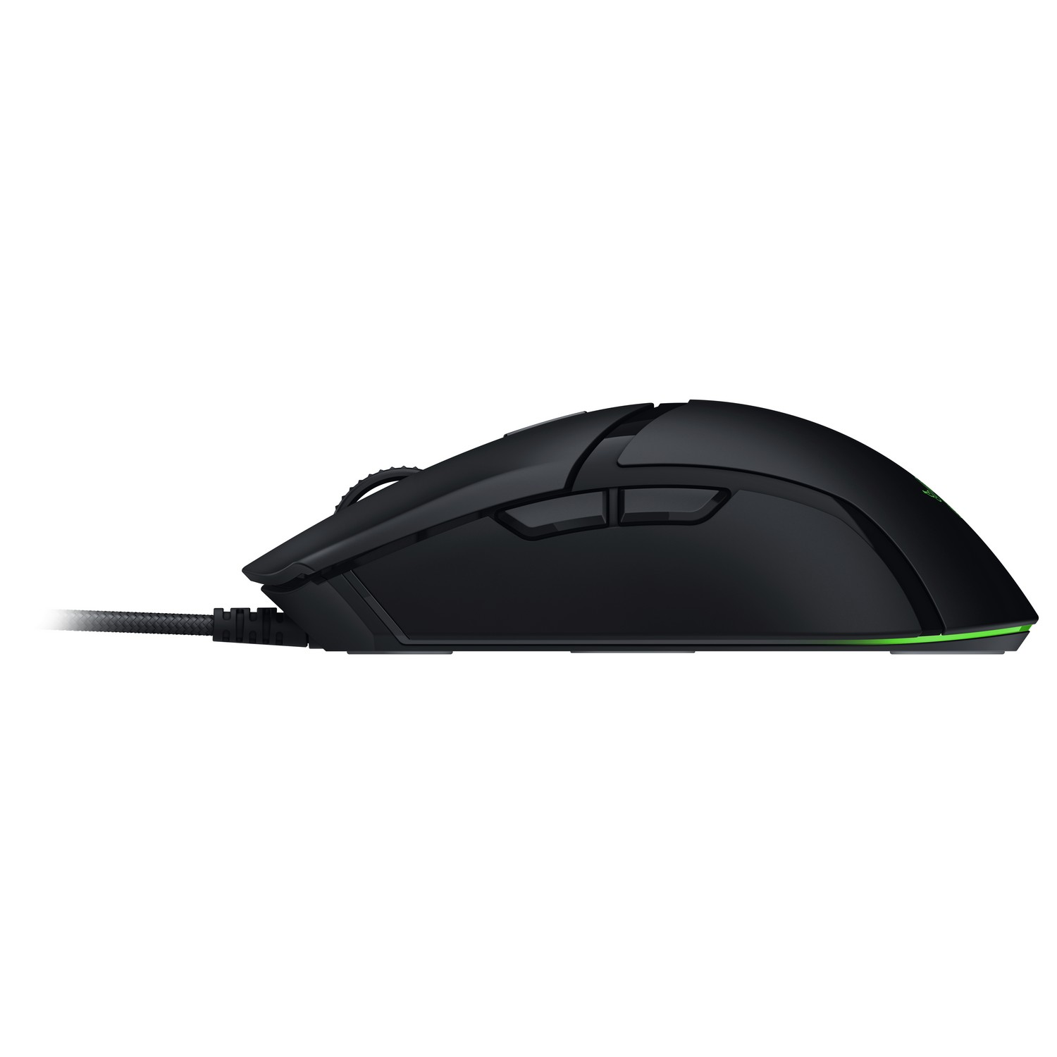 Zwarte gamingmuis met knoppen en kabel, zijaanzicht op witte achtergrond.
