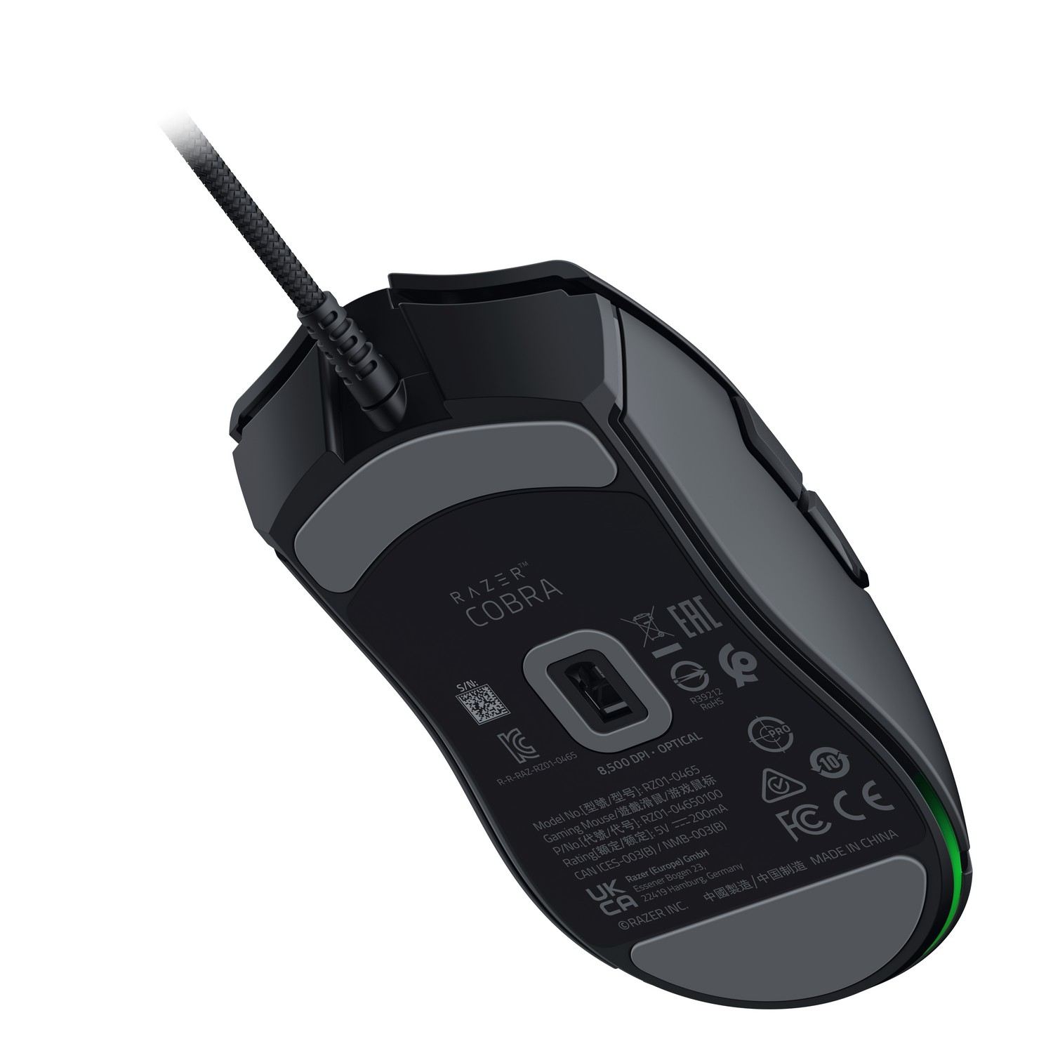 Zwarte Razer Cobra gaming muis. Toont de boven- en onderkant met een getextureerde kabel.