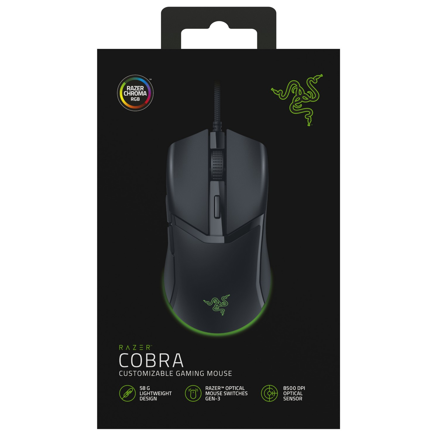 Een zwarte gamingmuis in de doos, met het Razer Cobra-logo zichtbaar.