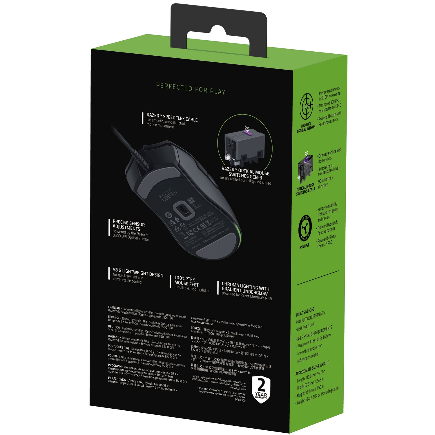Een Razer muisdoos met gedetailleerde tekst en een muisafbeelding. De doos is zwart en groen.
