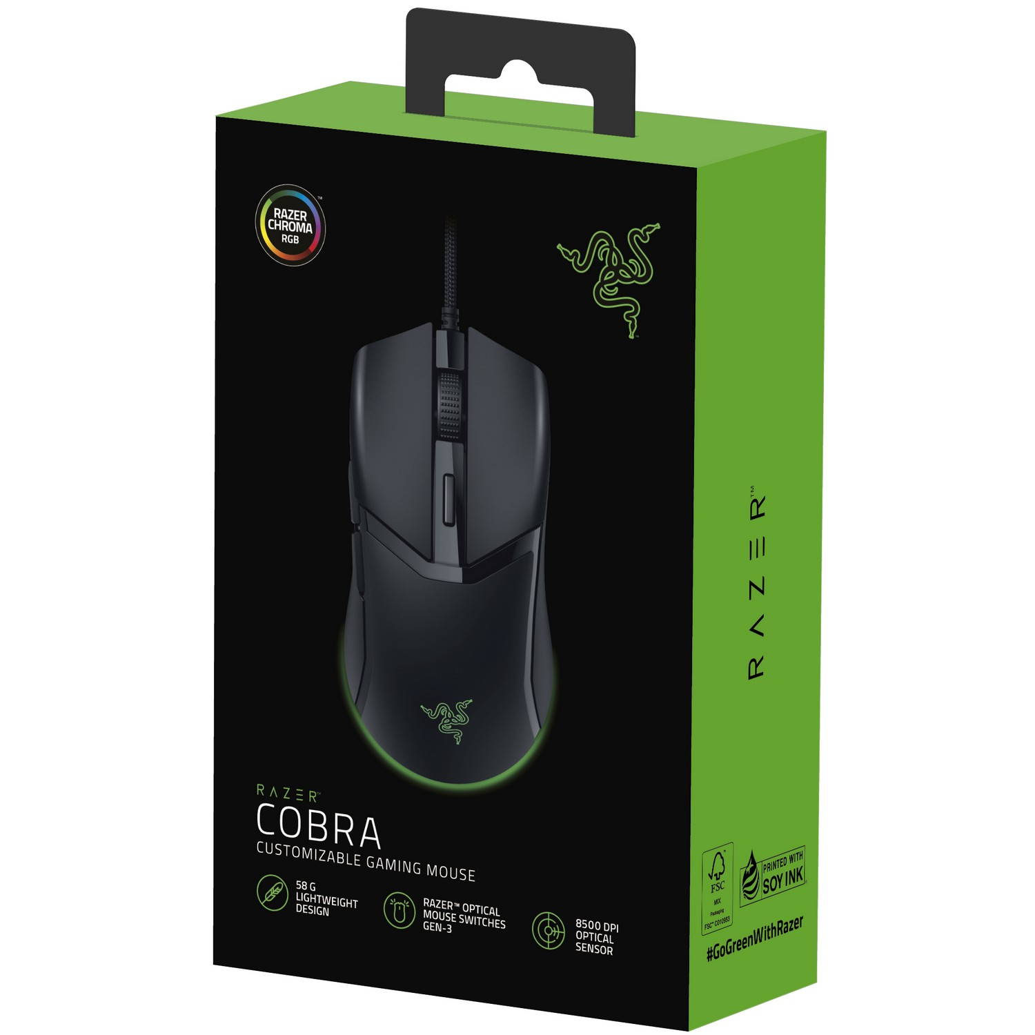 Razer Cobra gamingmuis in een groene en zwarte doos. De muis is zwart.