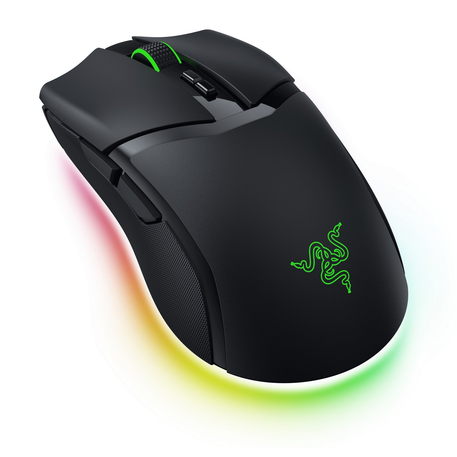 Zwarte gaming muis met groene accenten en een groen Razer logo, witte achtergrond.