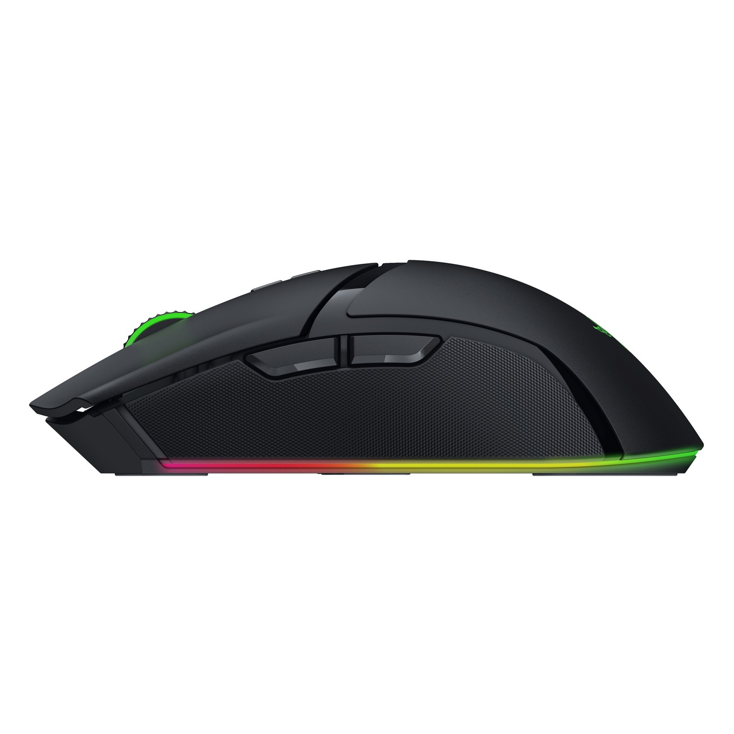 Zwarte gamingmuis met groene en rode lichten.