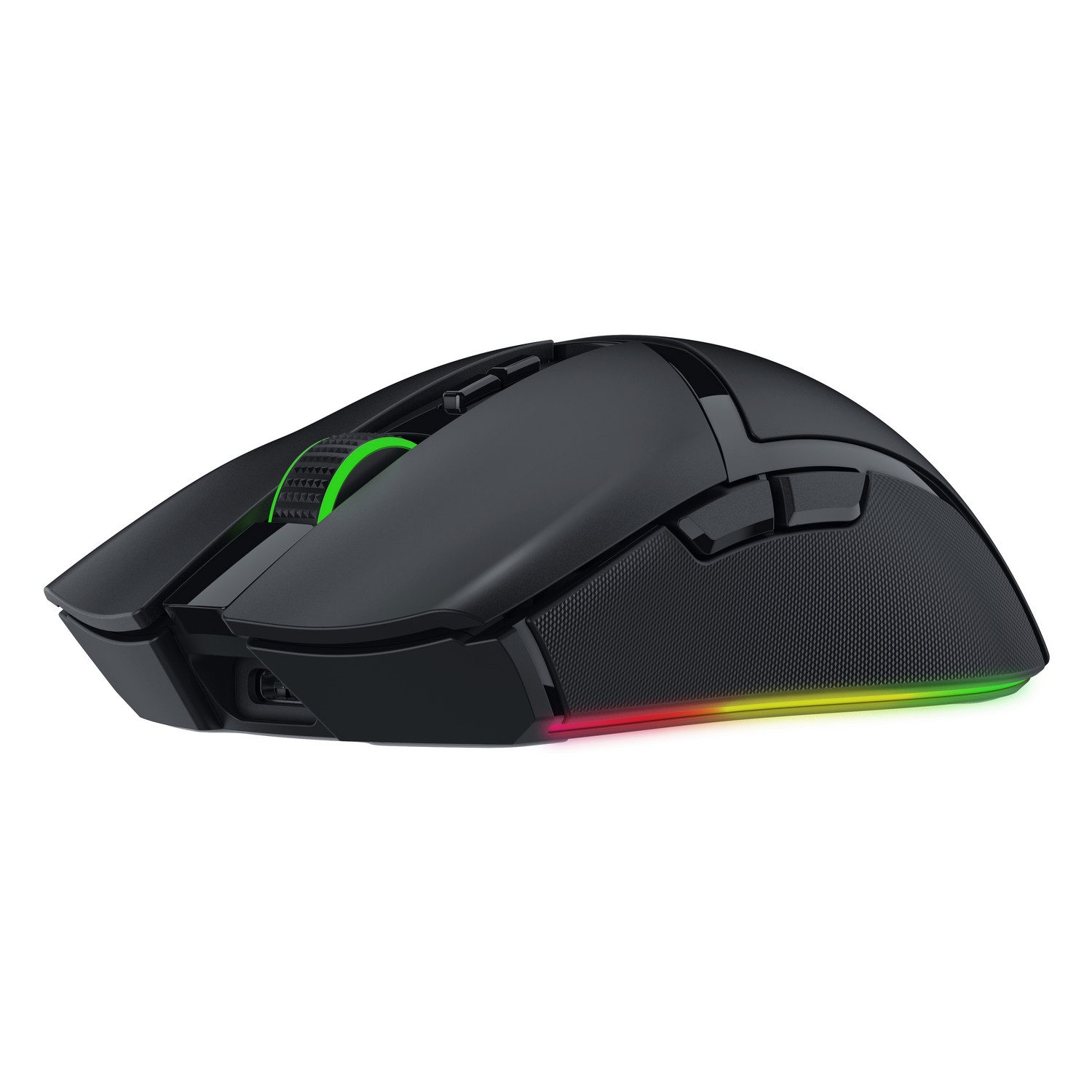 Een zwarte gamingmuis met gekleurde lampjes aan de zijkant.