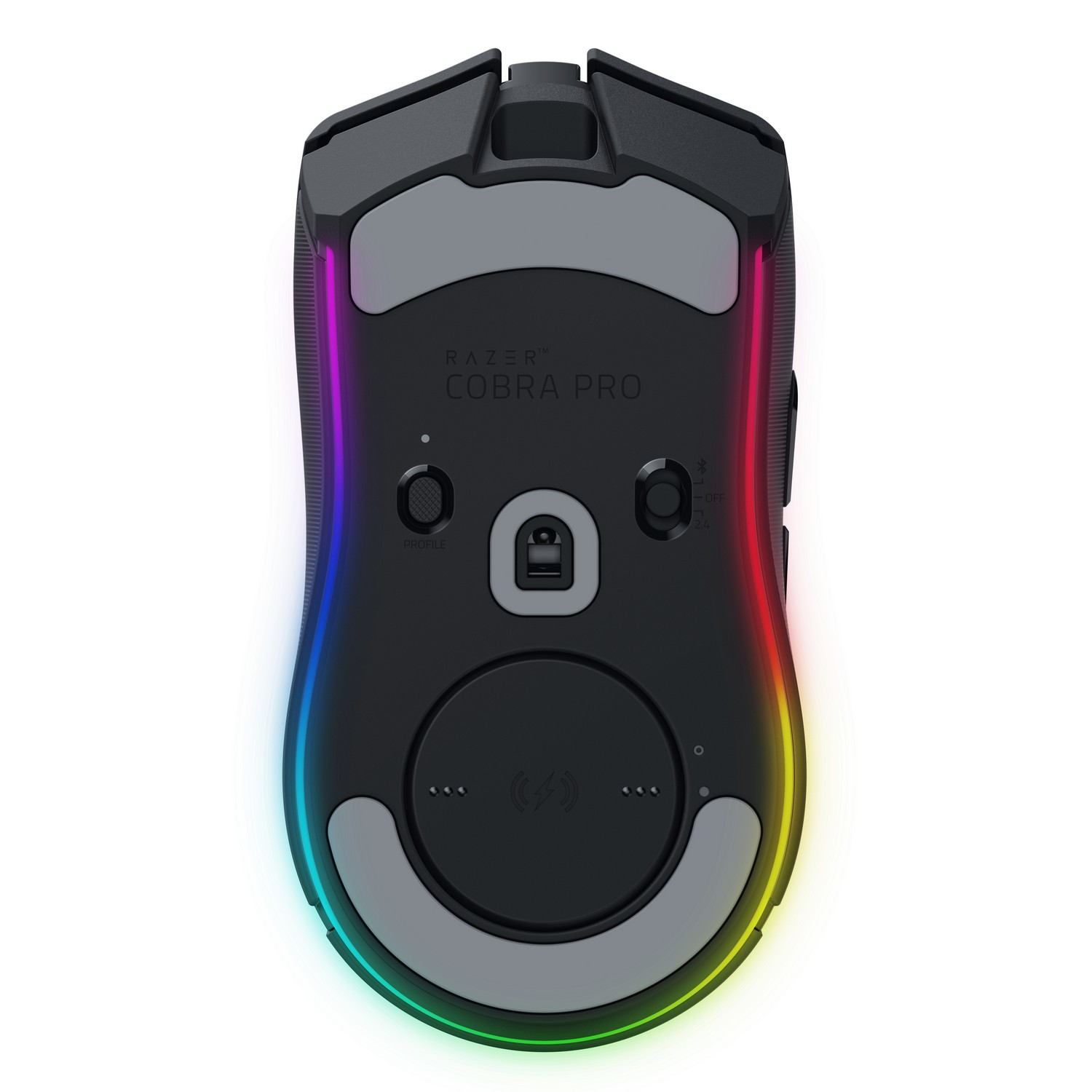 Zwarte gamingmuis met RGB-verlichting rond de randen. Het Razer Cobra Pro logo is zichtbaar.