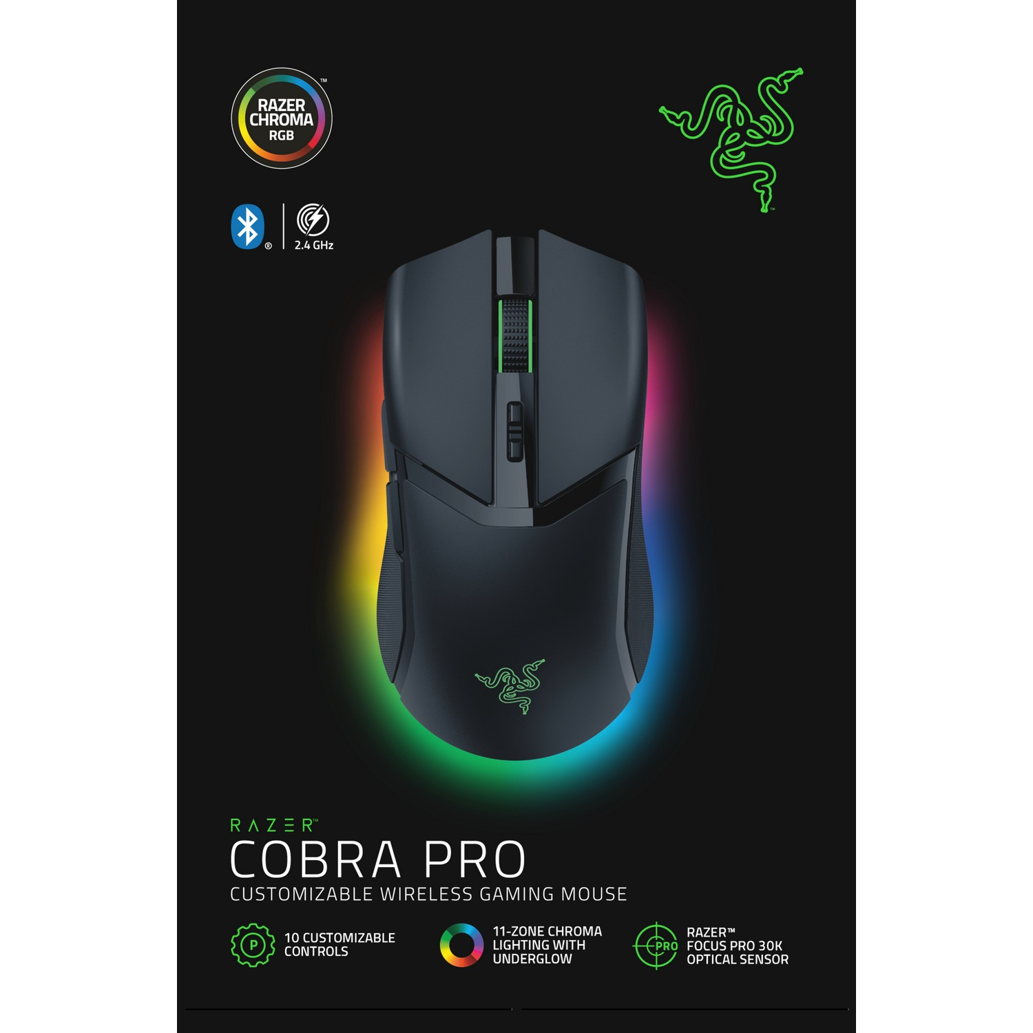 Zwarte Razer Cobra Pro gamingmuis op een donkere achtergrond, met RGB-verlichting.