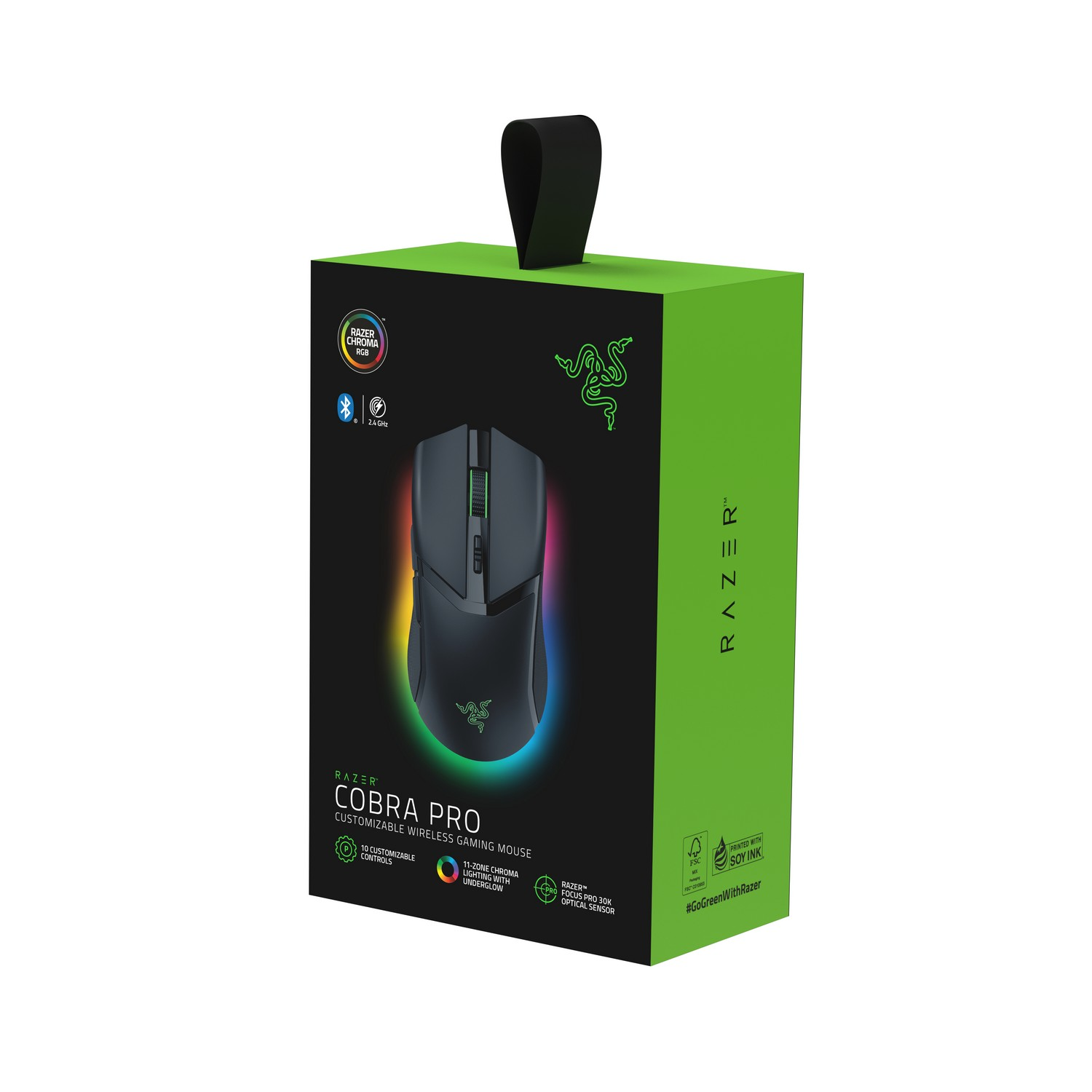 Een groene doos met een gamingmuis erin. De muis heeft een Razer-logo en is zwart.