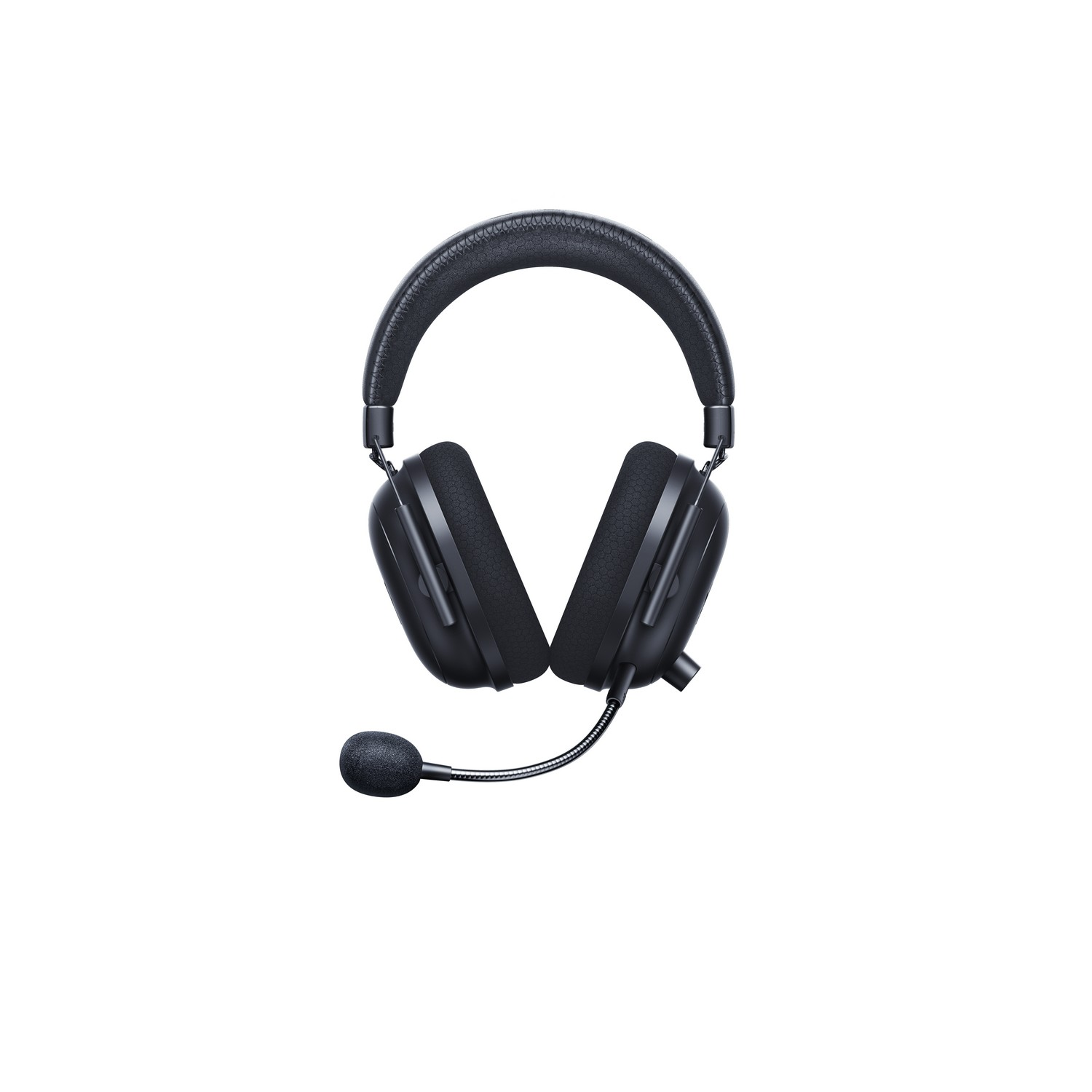 Casque noir avec micro, sur fond blanc.