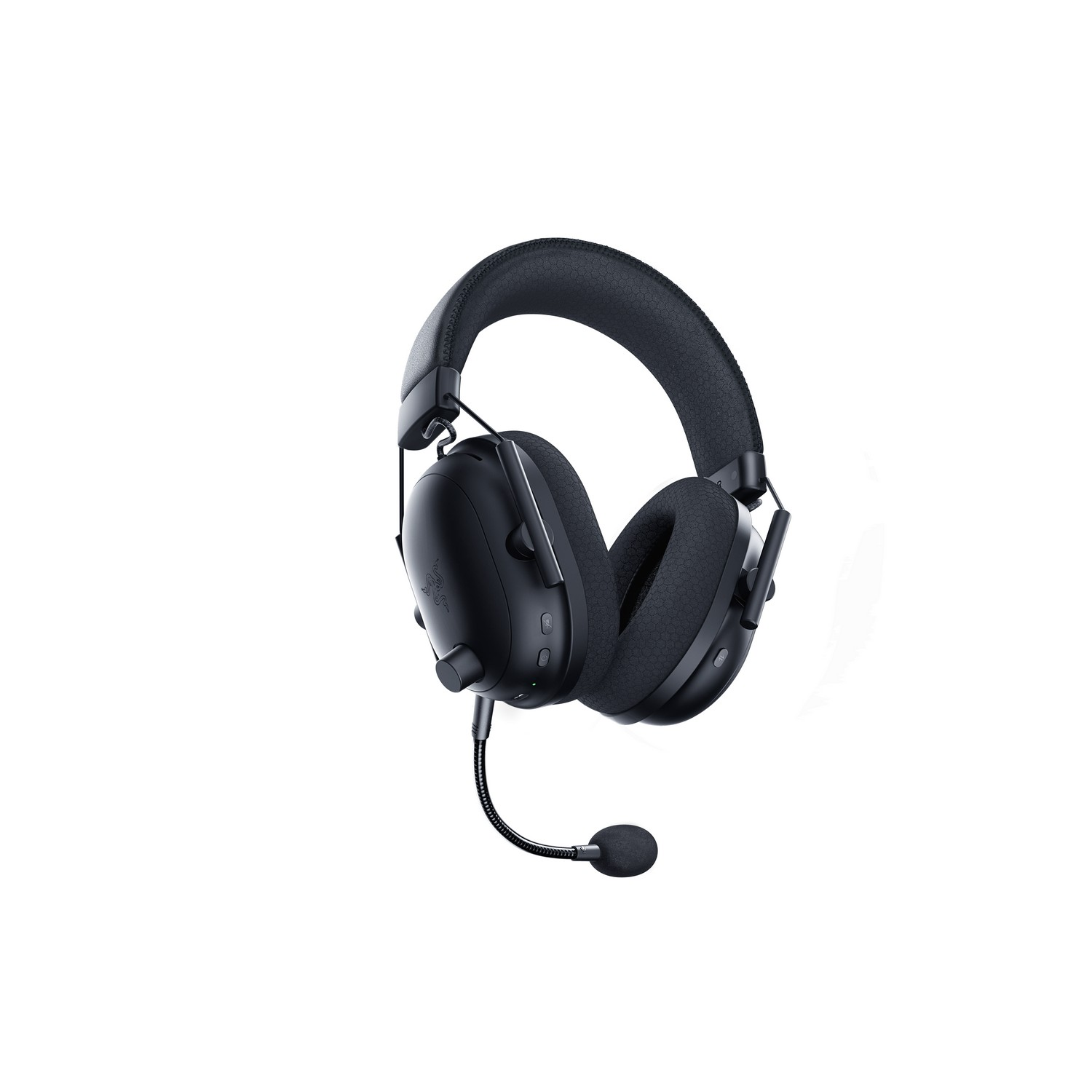 Casque noir avec micro. Le bandeau et les oreillettes sont rembourrés. Sur fond blanc.