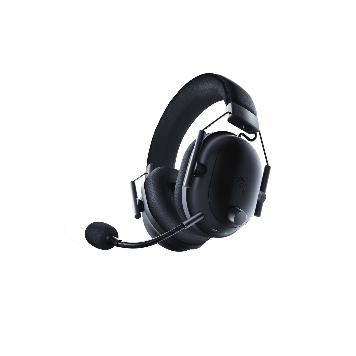 Casque de jeu noir avec microphone sur fond blanc.