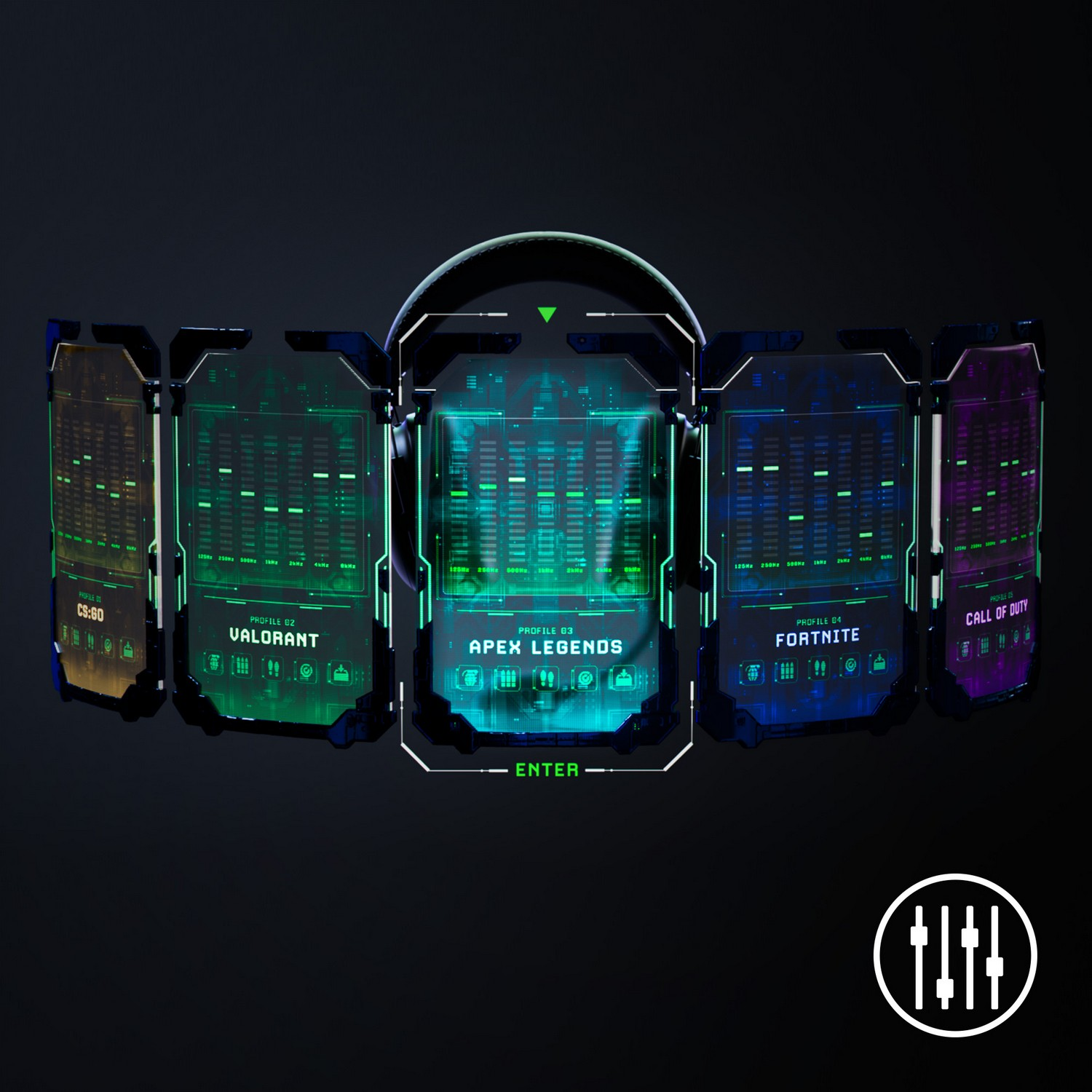 Interface affichant des profils de jeu avec des graphismes colorés et un logo Razer en bas.
