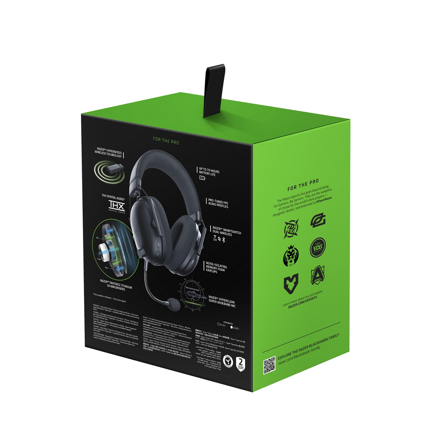 Boîte verte avec un casque et du texte. Le texte détaille les fonctionnalités et mentionne Razer et THX.
