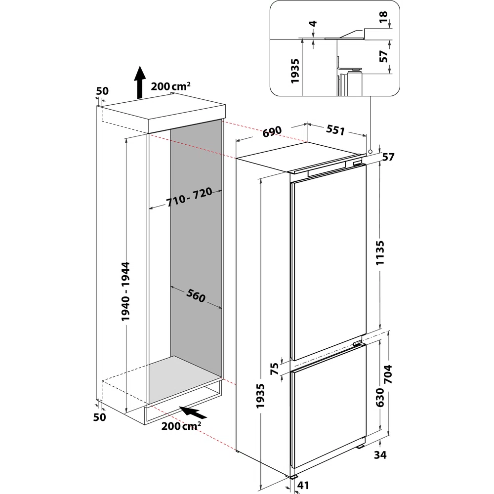 Hűtőszekrény és magas szekrény diagramja, méretekkel és feliratokkal.