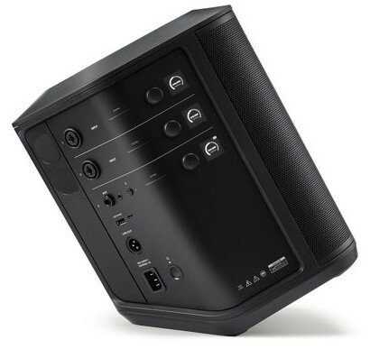 Czarny głośnik, widok z boku, pokazujący porty i elementy sterowania z tyłu.