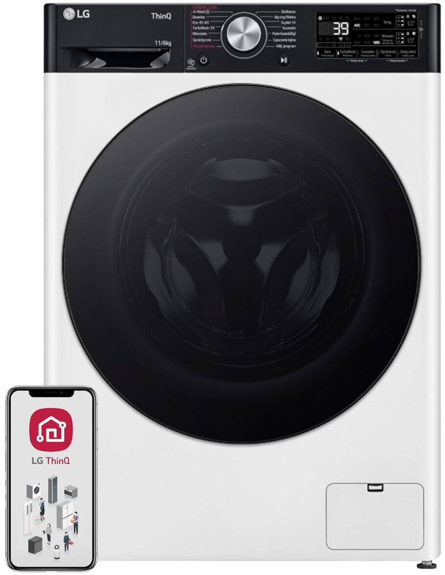Biała pralka LG z czarnymi drzwiami i smartfonem pokazującym aplikację.