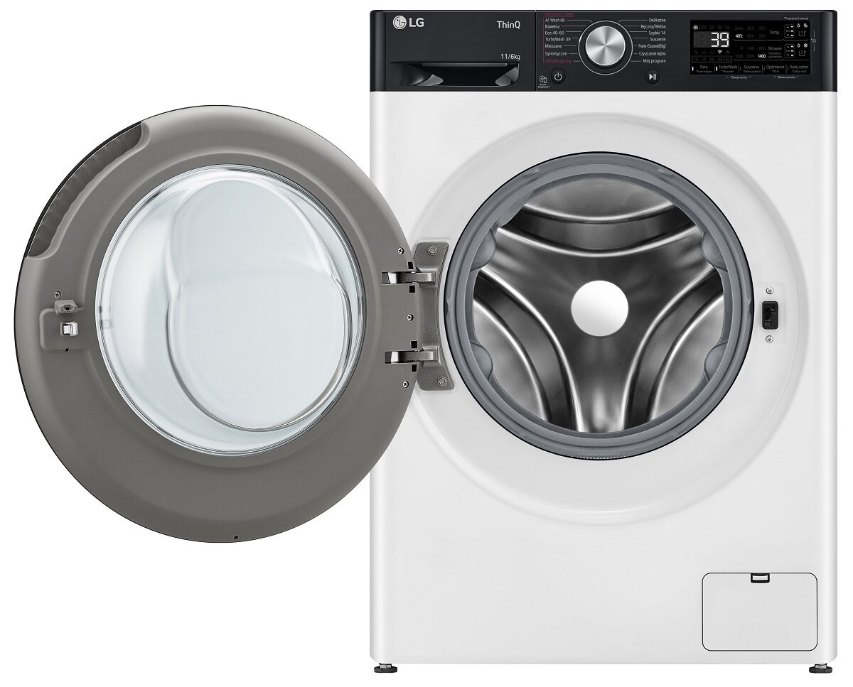 Biała pralka LG z otwartymi drzwiami, widoczny bęben.