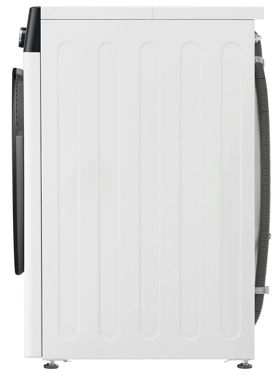 Biała pralka LG, widok z boku, pokazujący tył z żebrowanym wzorem.