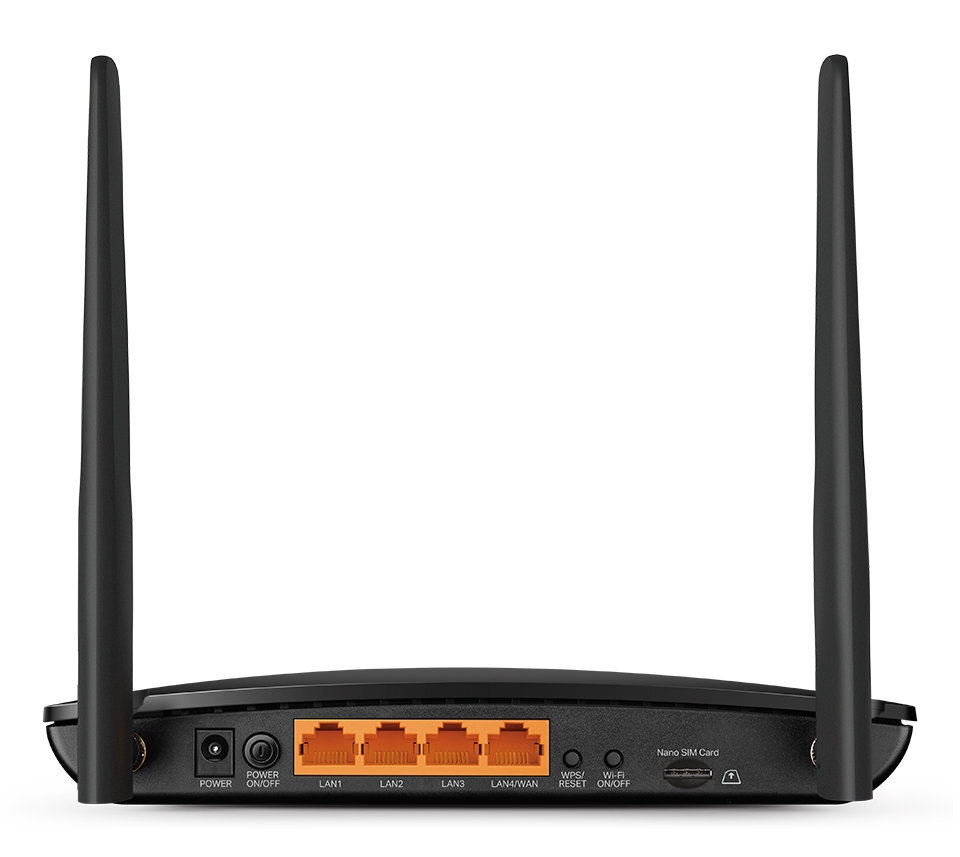 Biały router z dwiema czarnymi antenami, portami i przyciskami zasilania.