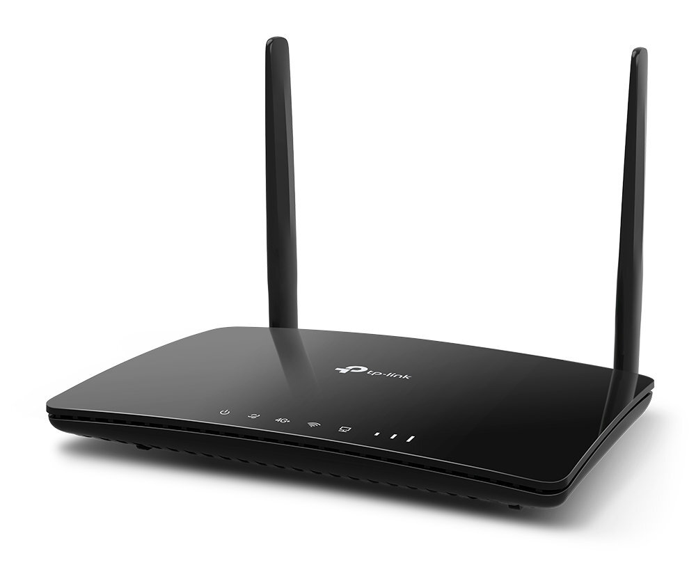 Czarny router TP-Link z dwiema antenami, na białym tle.